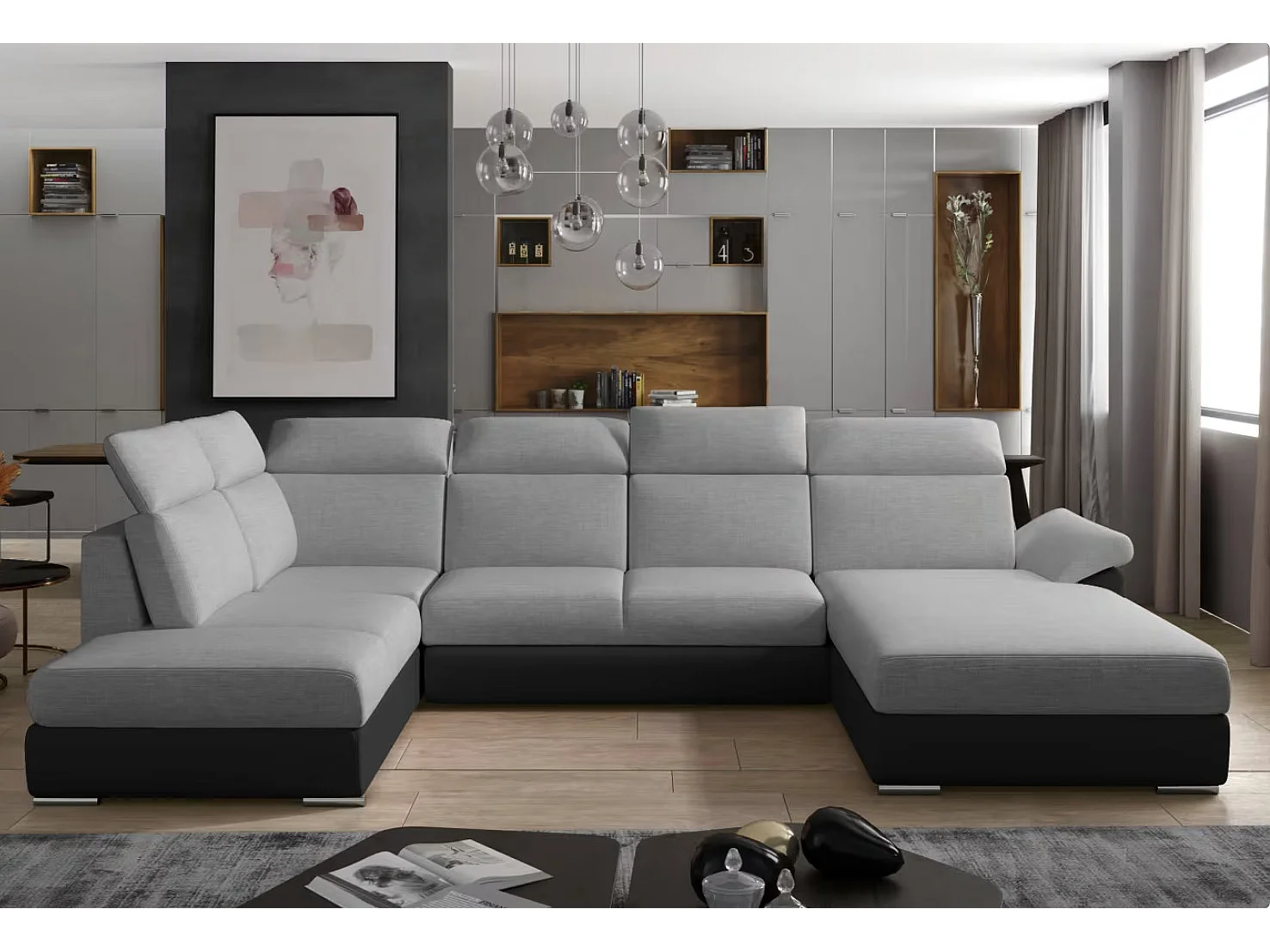 Canapé Convertible Panoramique LEVANO Tissu et Simili Cuir, Têtières-Noir/Gris clair-Coffre à droite