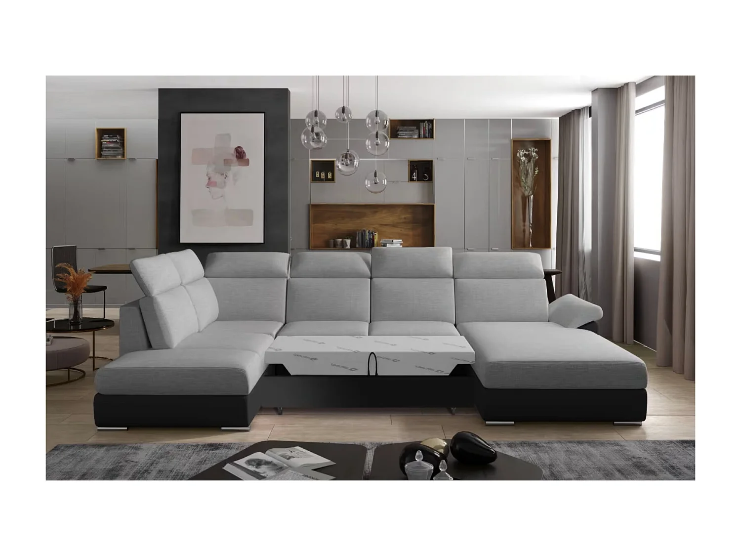 Canapé Convertible Panoramique LEVANO Tissu et Simili Cuir, Têtières-Noir/Gris clair-Coffre à droite