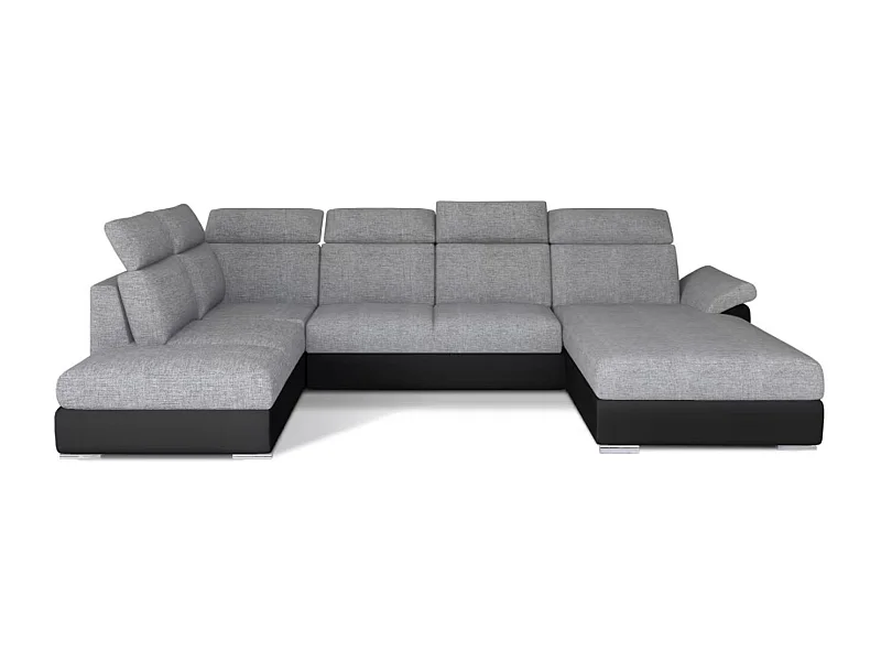 Canapé Convertible Panoramique LEVANO Tissu et Simili Cuir, Têtières-Noir/Gris clair-Coffre à droite