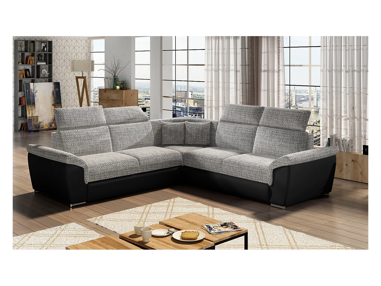 Canapé d'angle réversible et convertible bi-matières Neo - Pieds acier chromé-Noir/Gris chiné
