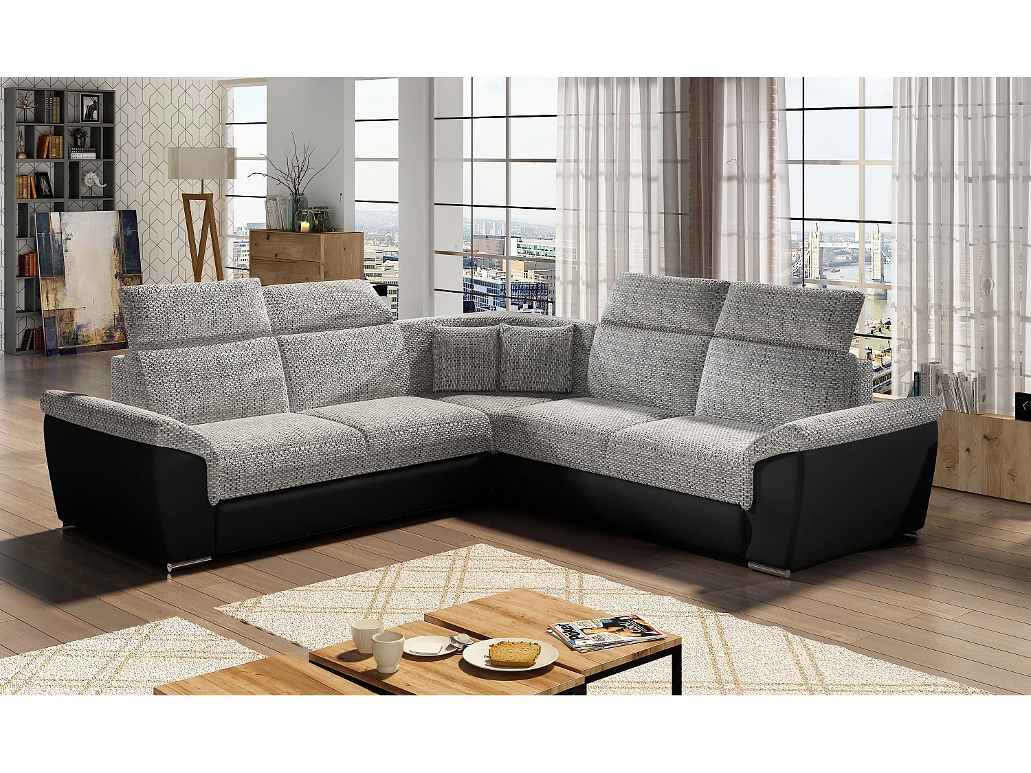 Canapé d'angle réversible et convertible bi-matières Neo - Pieds acier chromé-Noir/Gris chiné