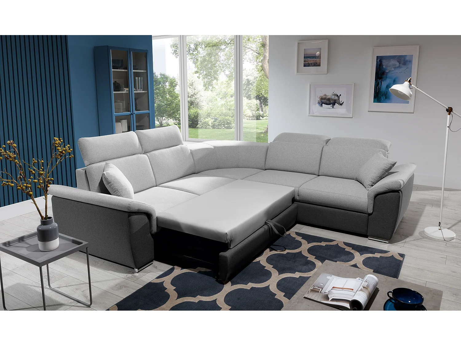 Canapé d'angle réversible et convertible bi-matières Neo - Pieds acier chromé-Noir/Gris chiné