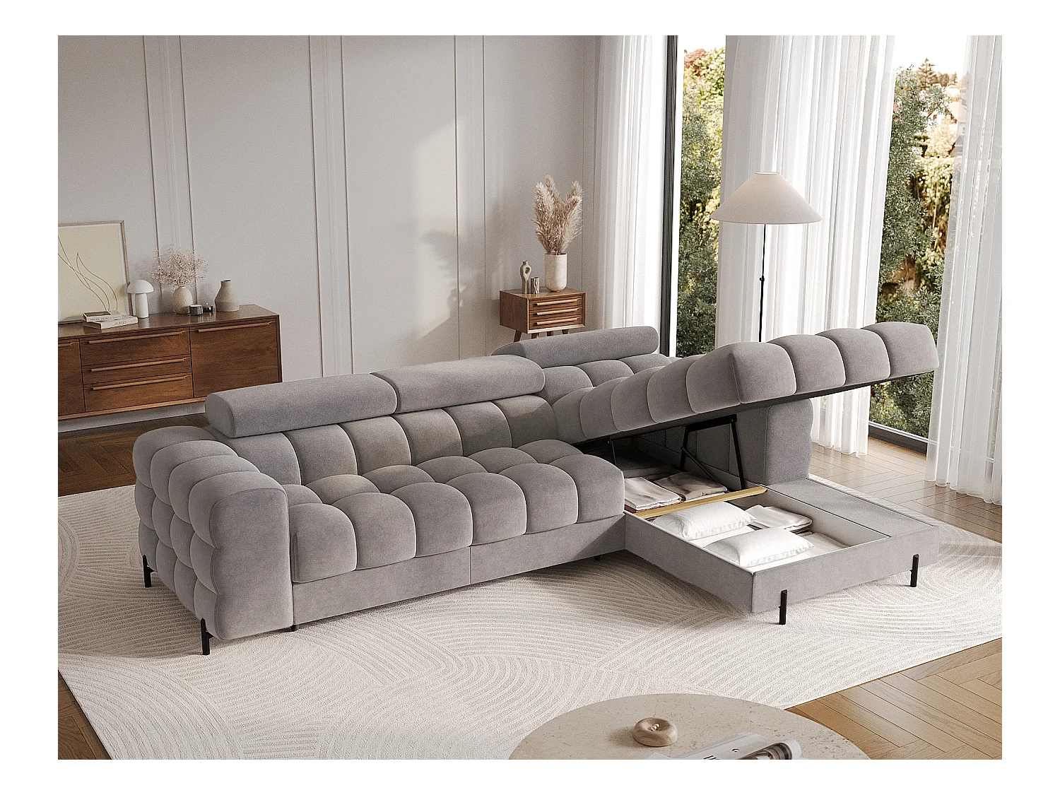 Canapé d’angle convertible velours appuis-tête réglables KATE – Coffre et pieds métal noir-Marron clair-angle droit