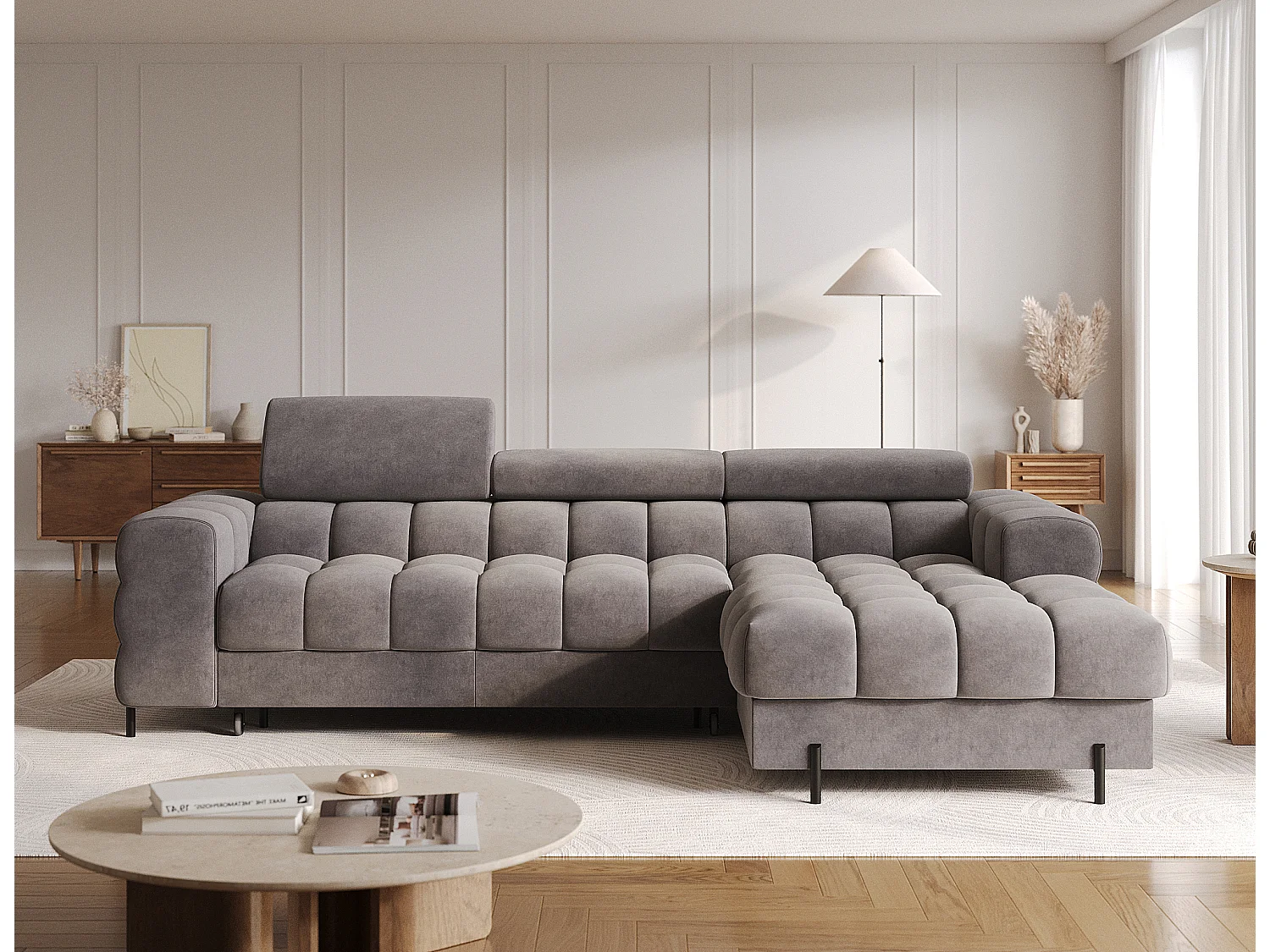 Canapé d’angle convertible velours appuis-tête réglables KATE – Coffre et pieds métal noir-Marron clair-angle droit