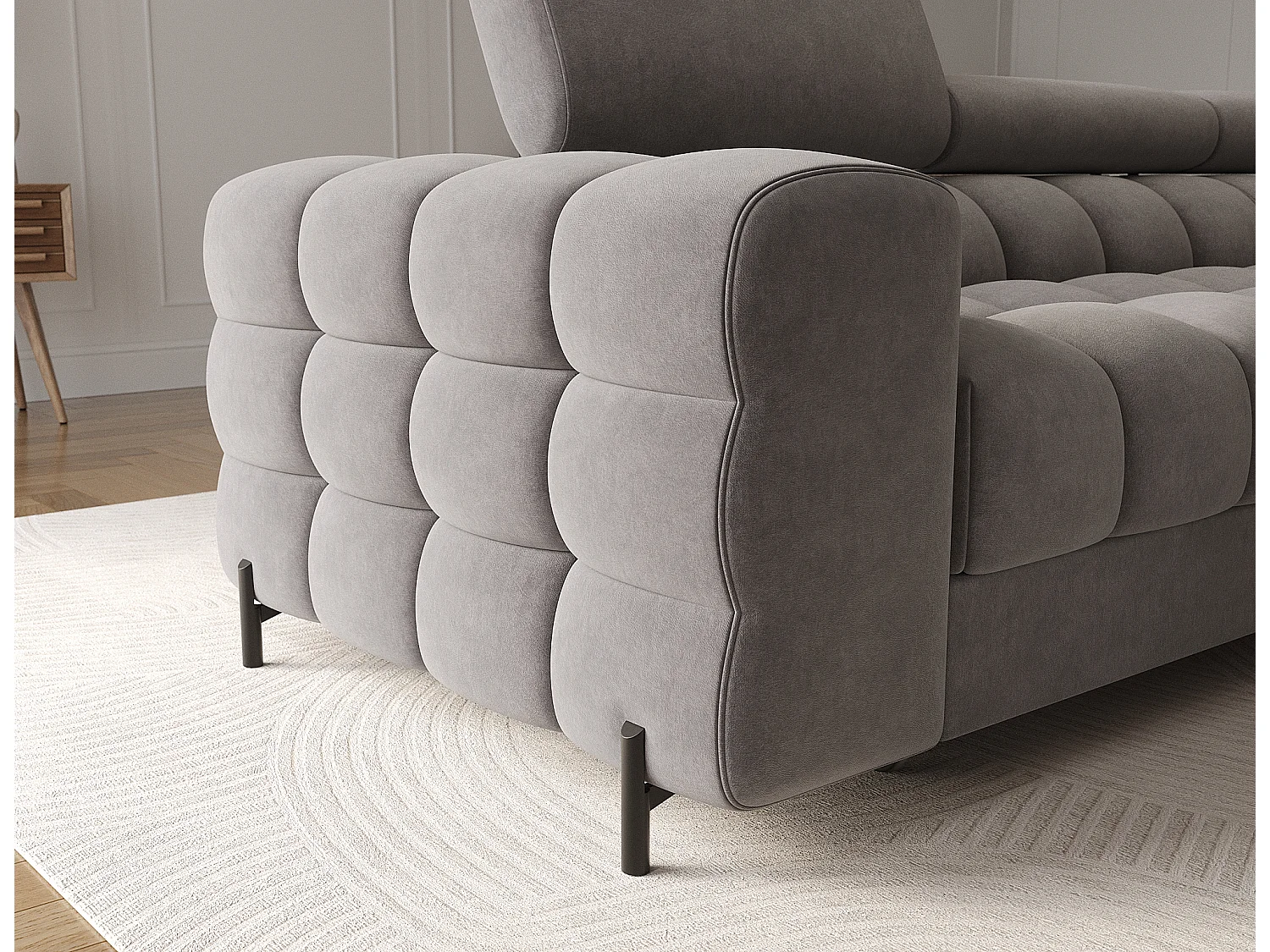 Canapé d’angle convertible velours appuis-tête réglables KATE – Coffre et pieds métal noir-Marron clair-angle droit