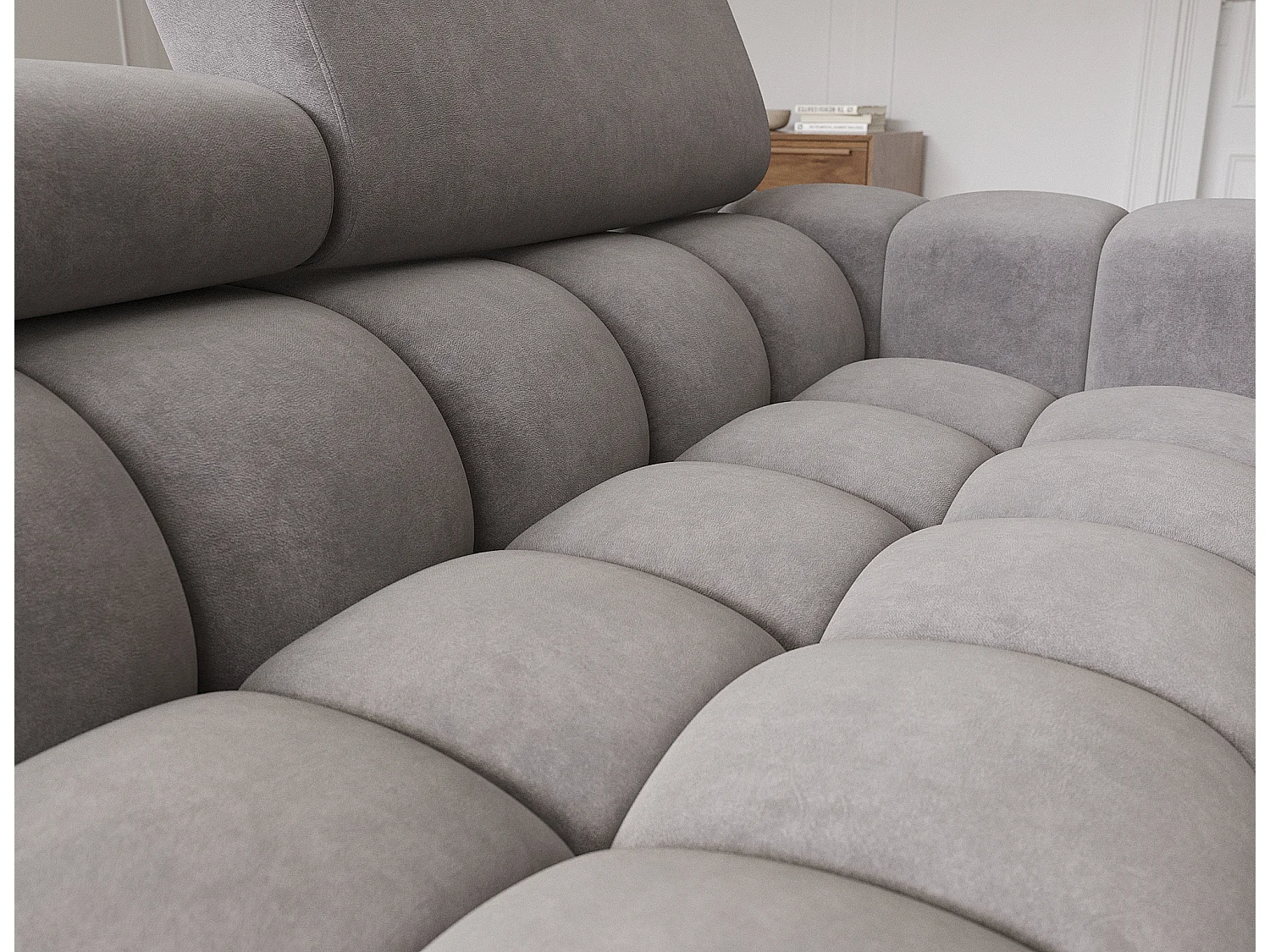 Canapé d’angle convertible velours appuis-tête réglables KATE – Coffre et pieds métal noir-Marron clair-angle droit