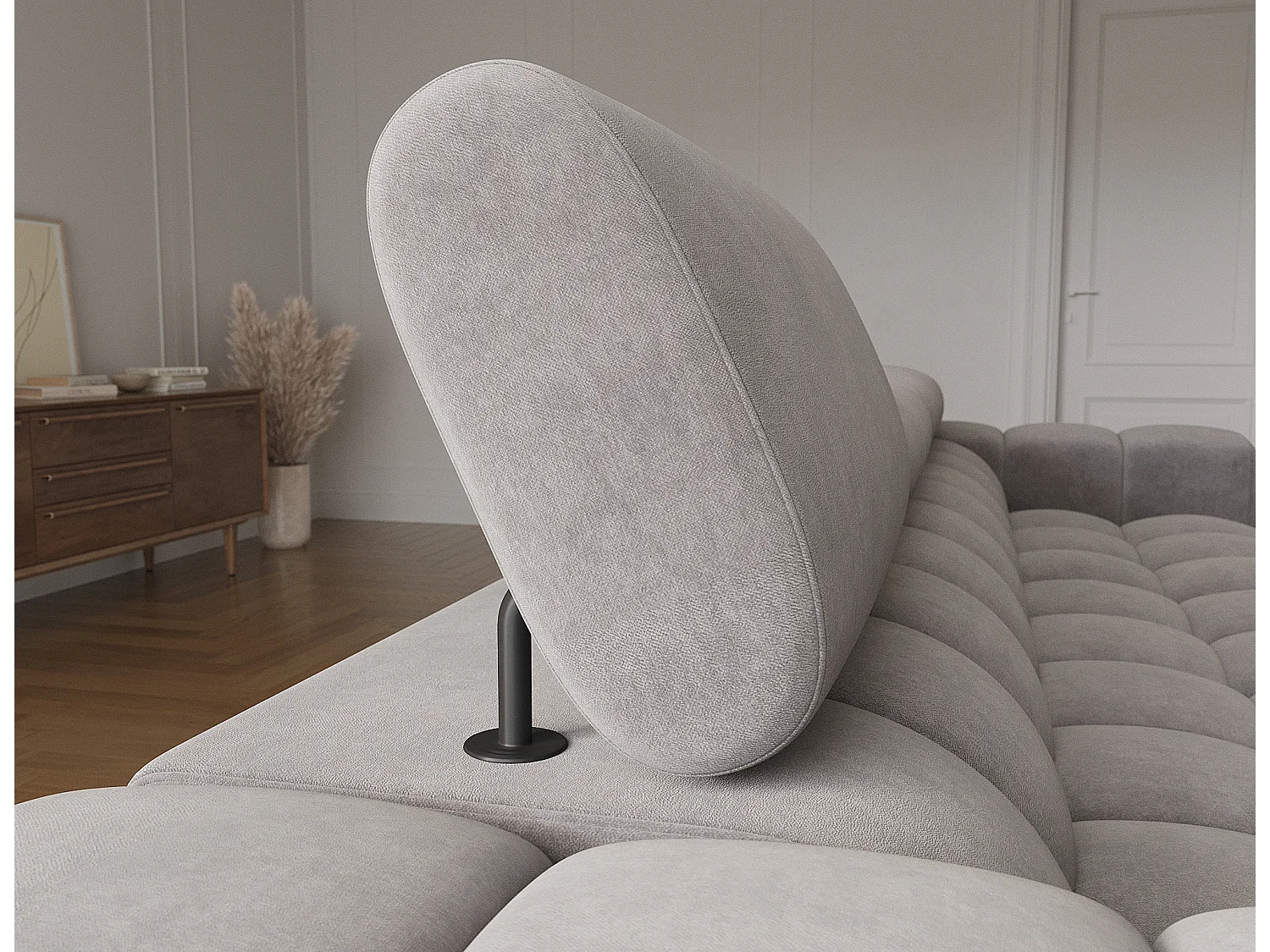 Canapé d’angle convertible velours appuis-tête réglables KATE – Coffre et pieds métal noir-Marron clair-angle droit