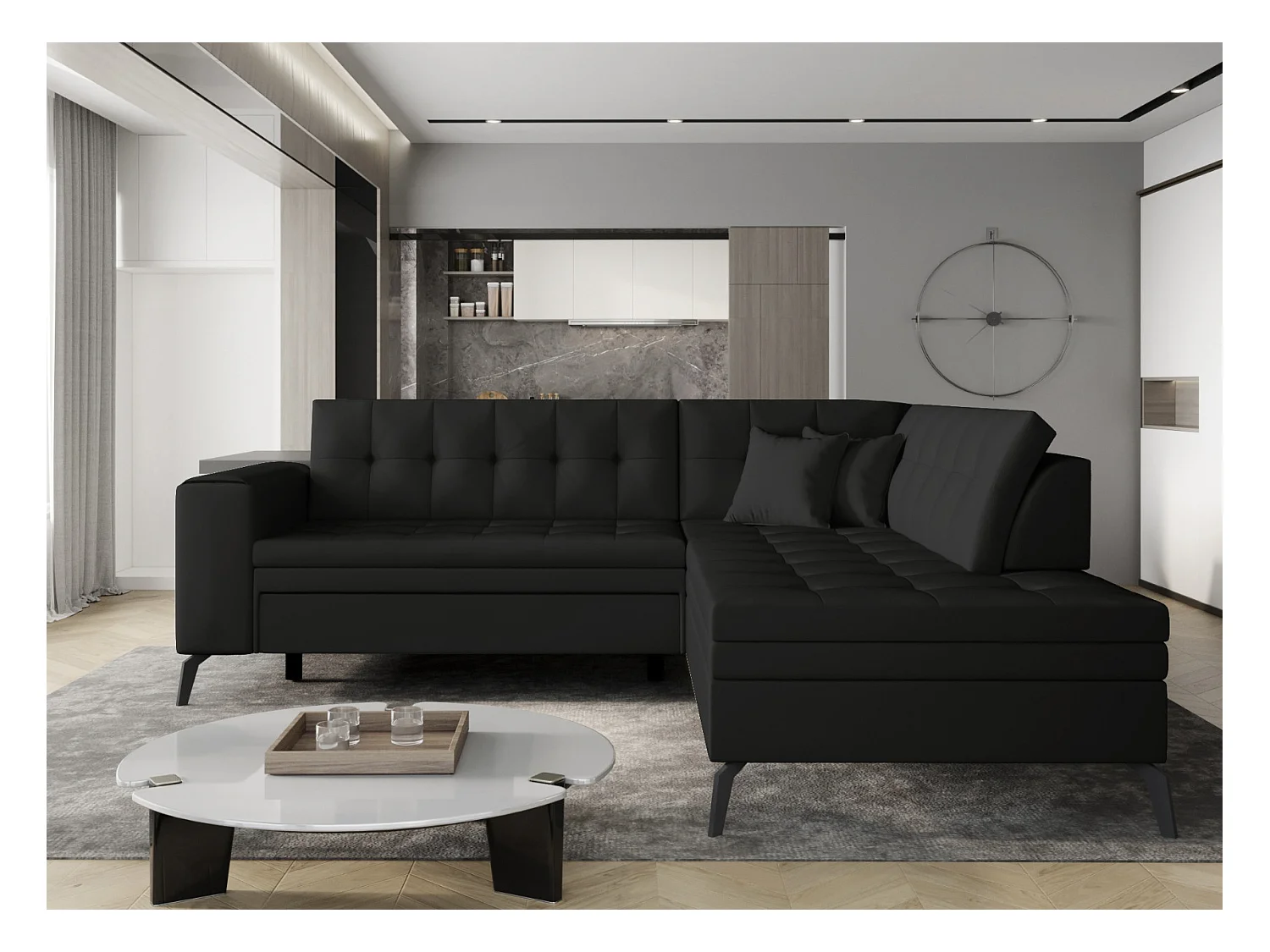 Canapé d'angle convertible simili cuir LARRY - Pieds acier noir-Noir-angle droit