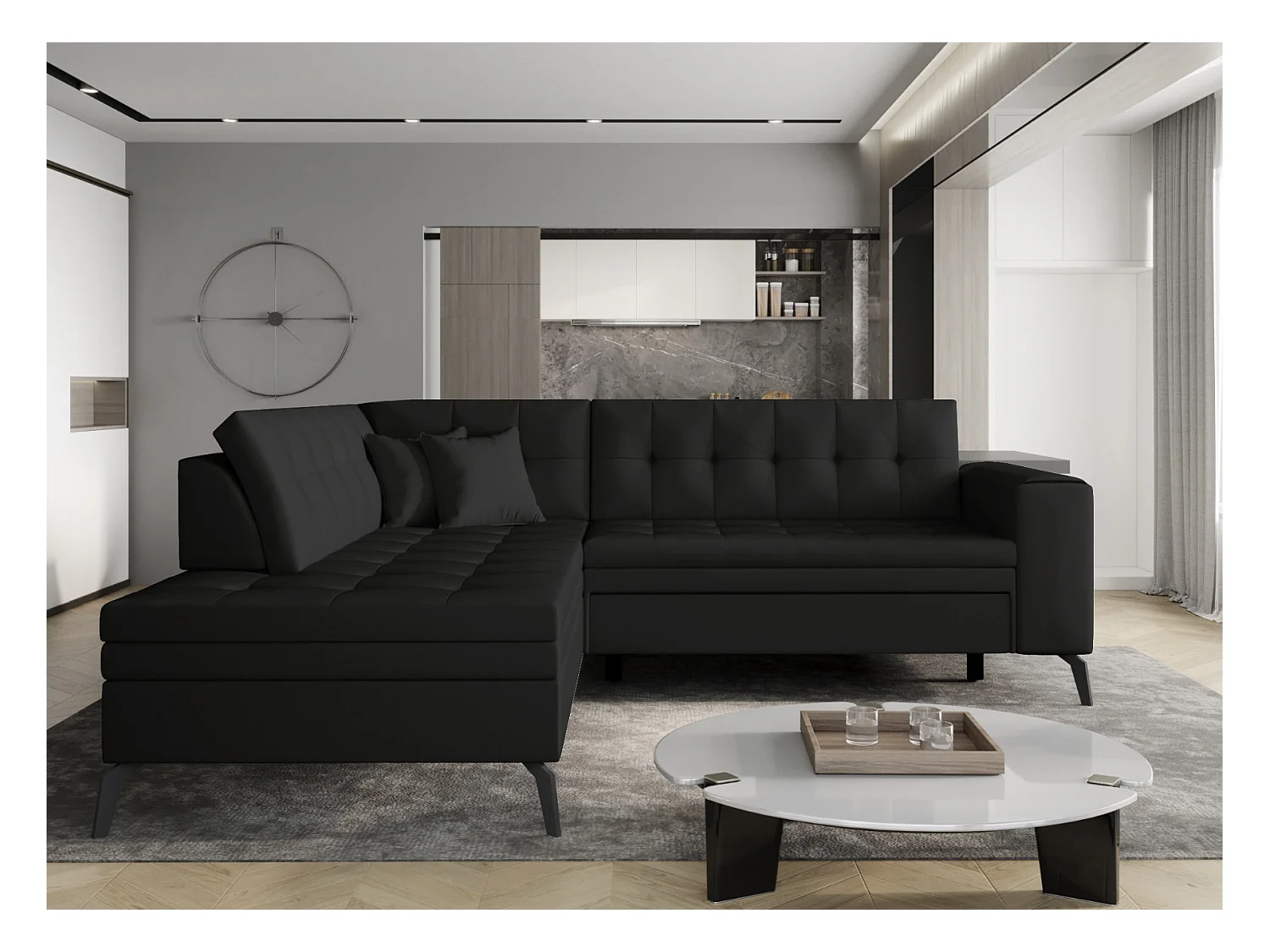 Canapé d'angle convertible simili cuir LARRY - Pieds acier noir-Noir-angle droit