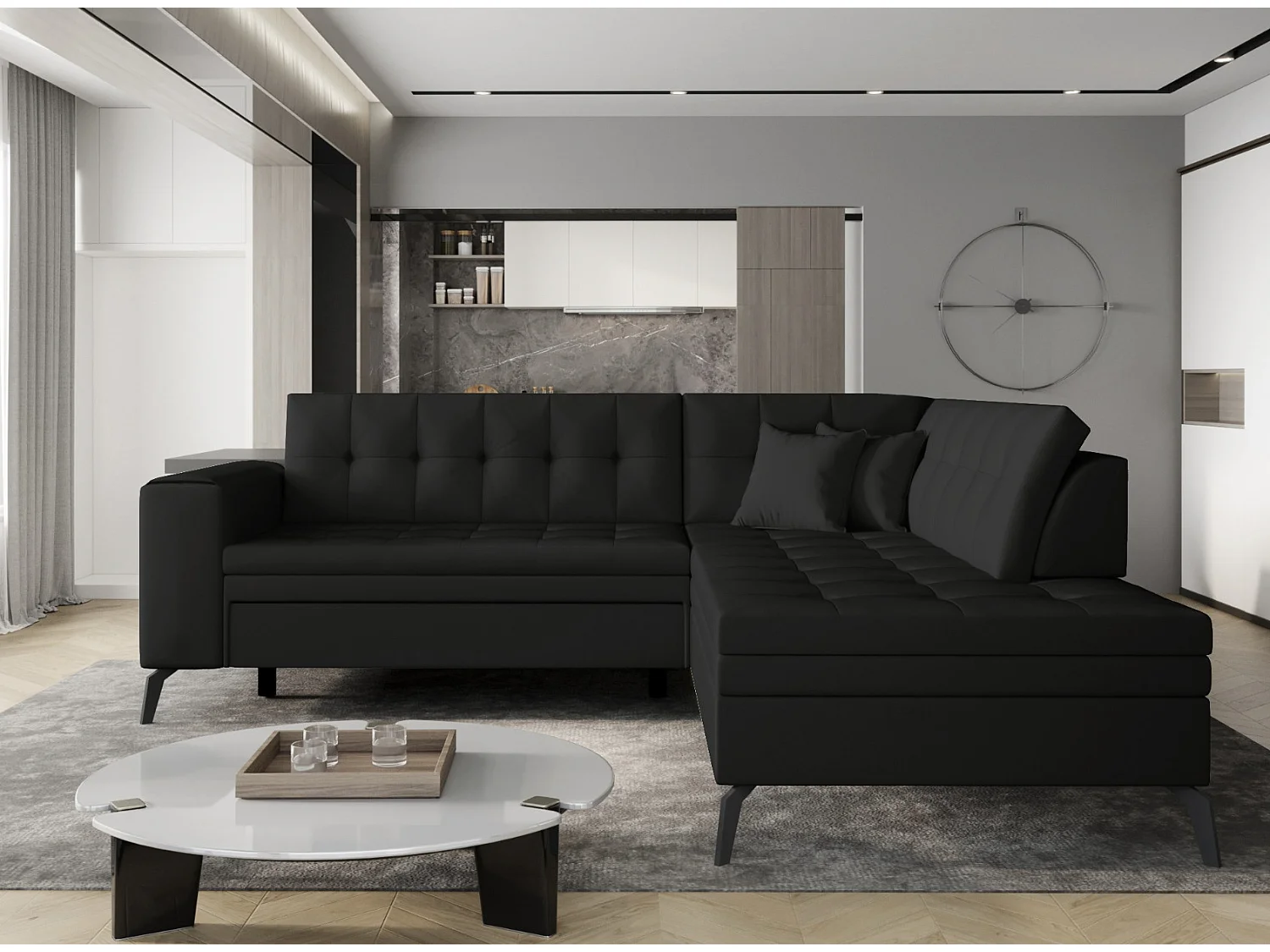 Canapé d'angle convertible simili cuir LARRY - Pieds acier noir-Noir-angle droit