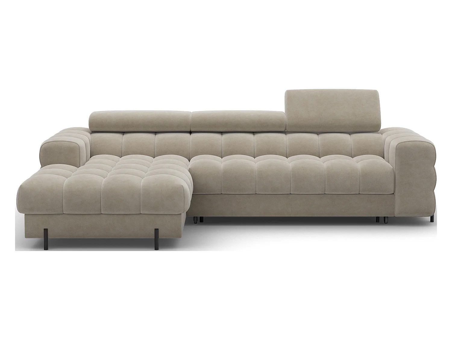 KATE omvormbare fluwelen hoekbank met verstelbare hoofdsteunen – Zwarte metalen opbergruimte en poten-Kleur Beige-linkerhoek