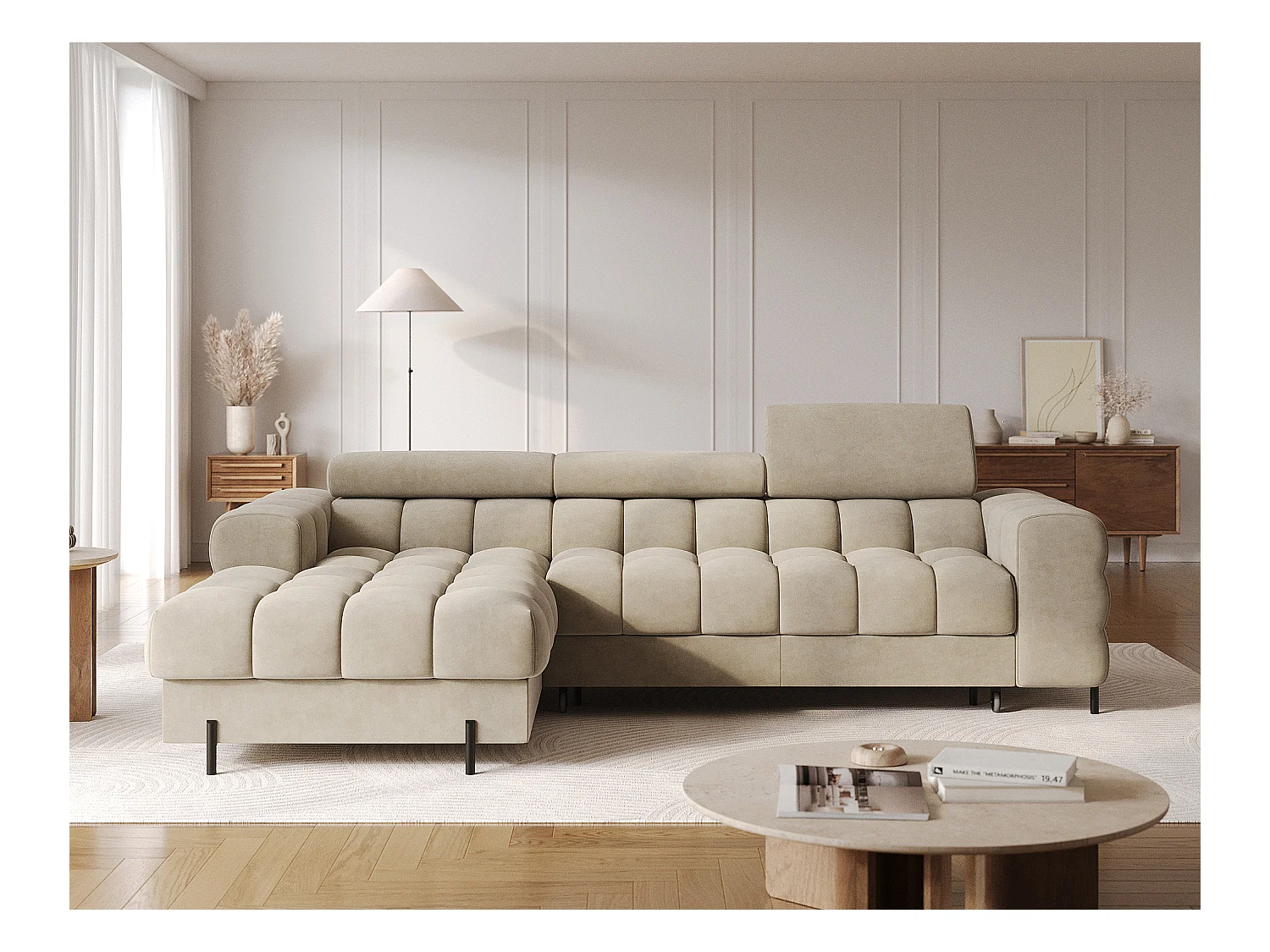 KATE omvormbare fluwelen hoekbank met verstelbare hoofdsteunen – Zwarte metalen opbergruimte en poten-Kleur Beige-linkerhoek