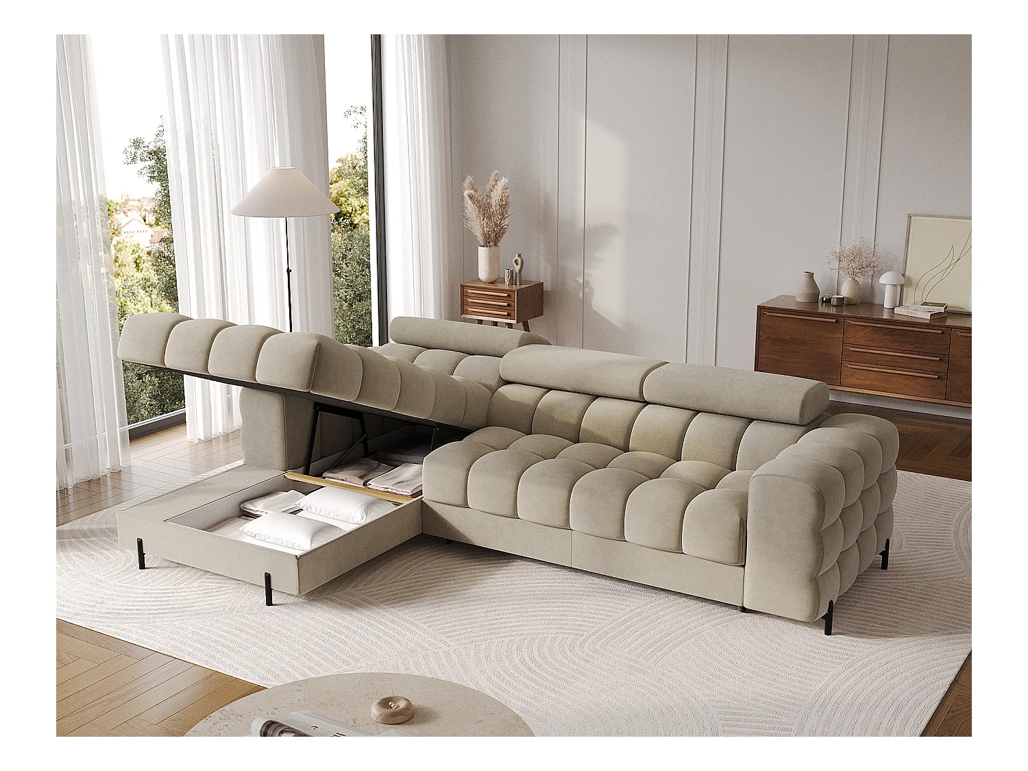 KATE omvormbare fluwelen hoekbank met verstelbare hoofdsteunen – Zwarte metalen opbergruimte en poten-Kleur Beige-linkerhoek