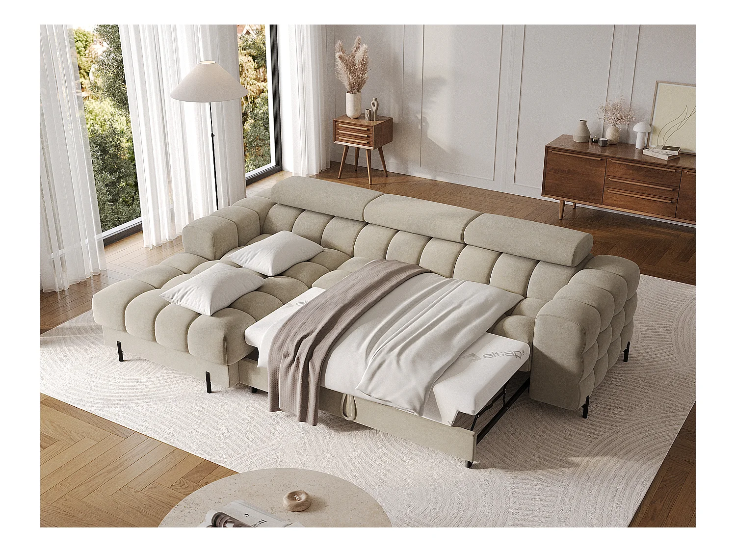 KATE omvormbare fluwelen hoekbank met verstelbare hoofdsteunen – Zwarte metalen opbergruimte en poten-Kleur Beige-linkerhoek