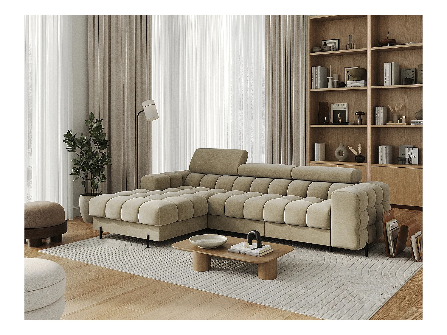 KATE omvormbare fluwelen hoekbank met verstelbare hoofdsteunen – Zwarte metalen opbergruimte en poten-Kleur Beige-linkerhoek