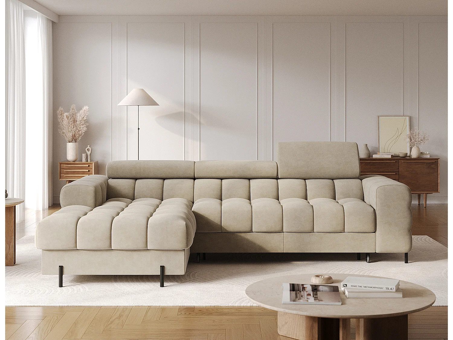 Canapé d’angle convertible velours appuis-tête réglables KATE – Coffre et pieds métal noir-Beige-angle gauche