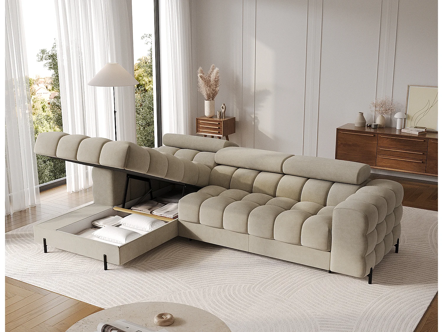 Canapé d’angle convertible velours appuis-tête réglables KATE – Coffre et pieds métal noir-Beige-angle gauche