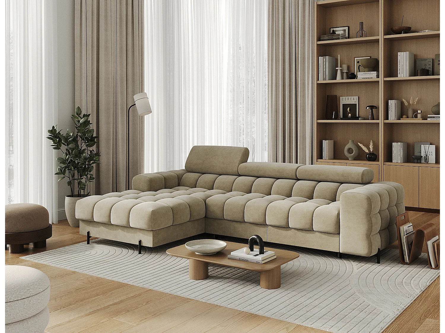 Canapé d’angle convertible velours appuis-tête réglables KATE – Coffre et pieds métal noir-Beige-angle gauche