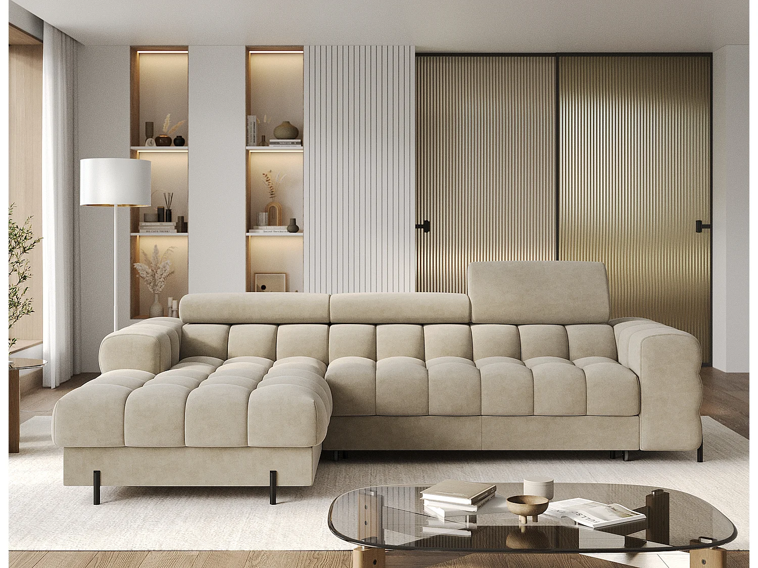 Canapé d’angle convertible velours appuis-tête réglables KATE – Coffre et pieds métal noir-Beige-angle gauche