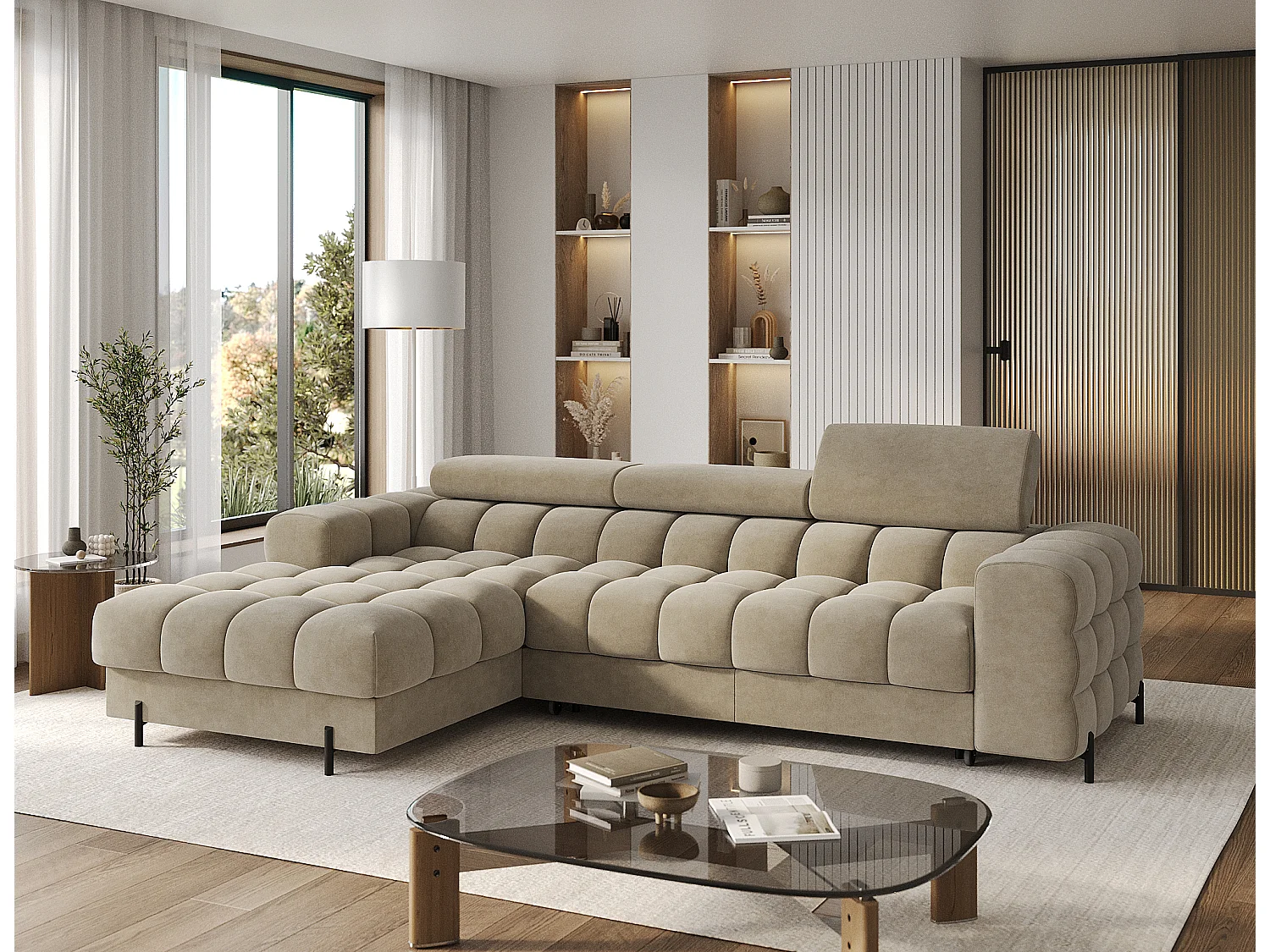 Canapé d’angle convertible velours appuis-tête réglables KATE – Coffre et pieds métal noir-Beige-angle gauche