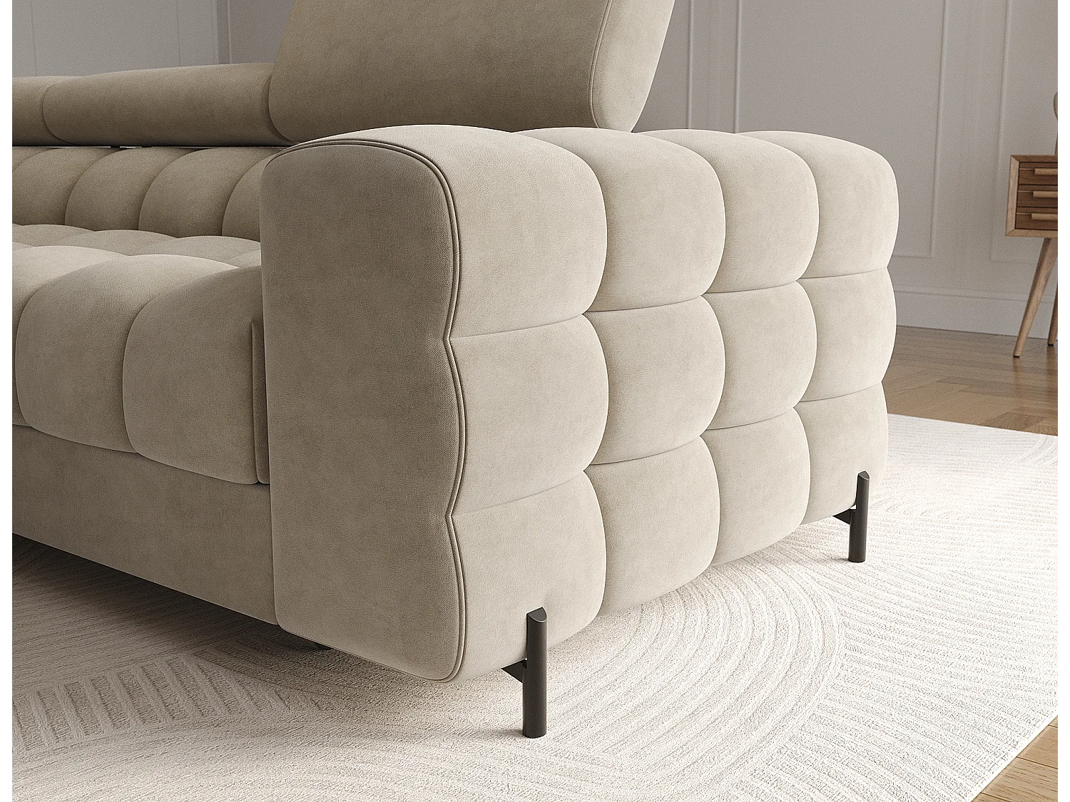 Canapé d’angle convertible velours appuis-tête réglables KATE – Coffre et pieds métal noir-Beige-angle gauche