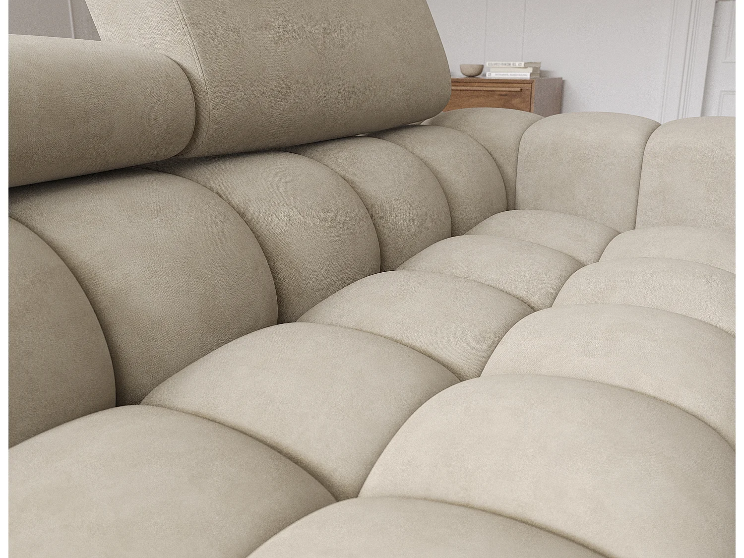 Canapé d’angle convertible velours appuis-tête réglables KATE – Coffre et pieds métal noir-Beige-angle gauche