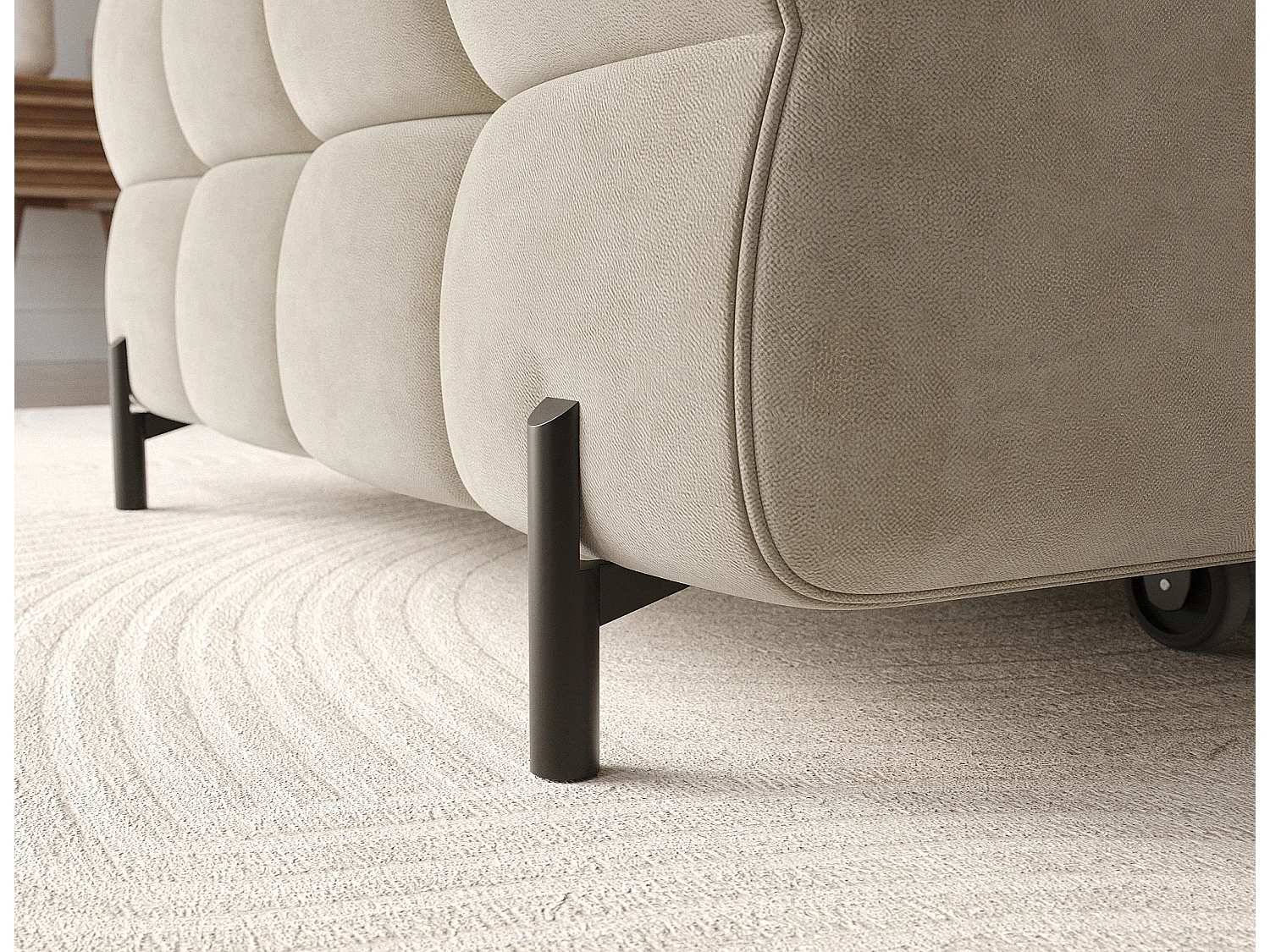 Canapé d’angle convertible velours appuis-tête réglables KATE – Coffre et pieds métal noir-Beige-angle gauche