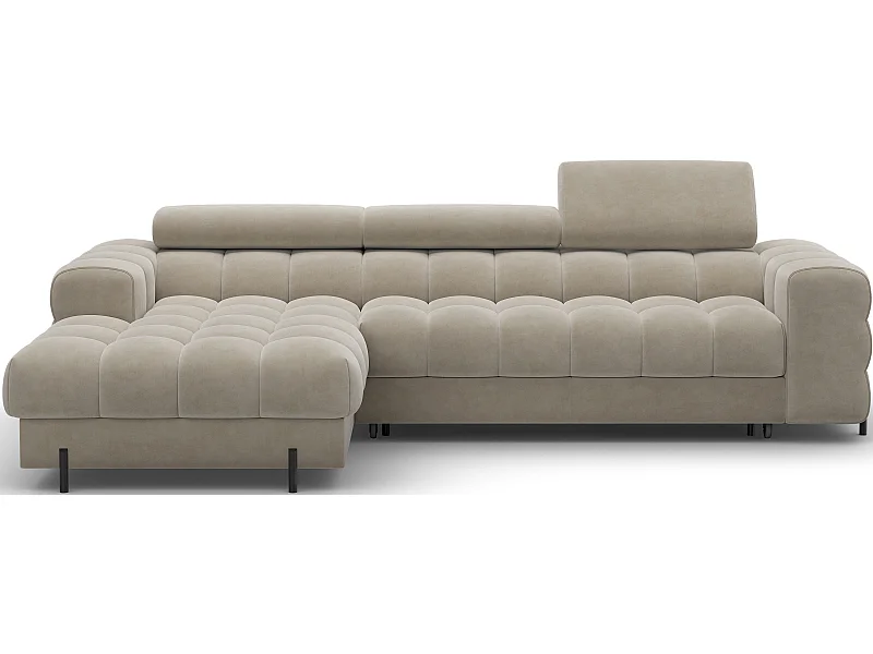 Canapé d’angle convertible velours appuis-tête réglables KATE – Coffre et pieds métal noir-Beige-angle gauche