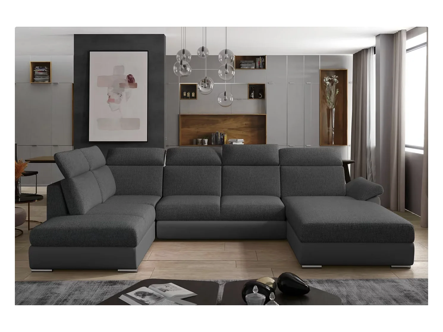 Canapé Convertible Panoramique LEVANO Tissu et Simili Cuir, Têtières-Gris/Gris chiné-Coffre à droite