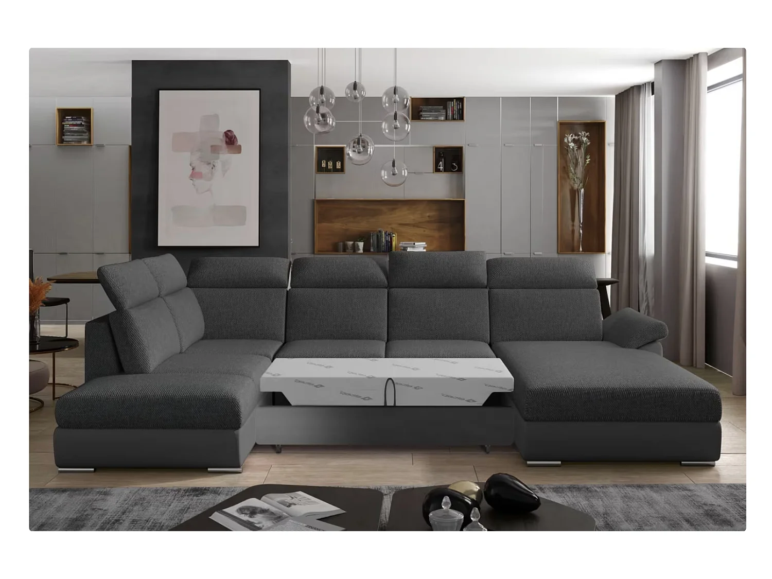 Canapé Convertible Panoramique LEVANO Tissu et Simili Cuir, Têtières-Gris/Gris chiné-Coffre à droite