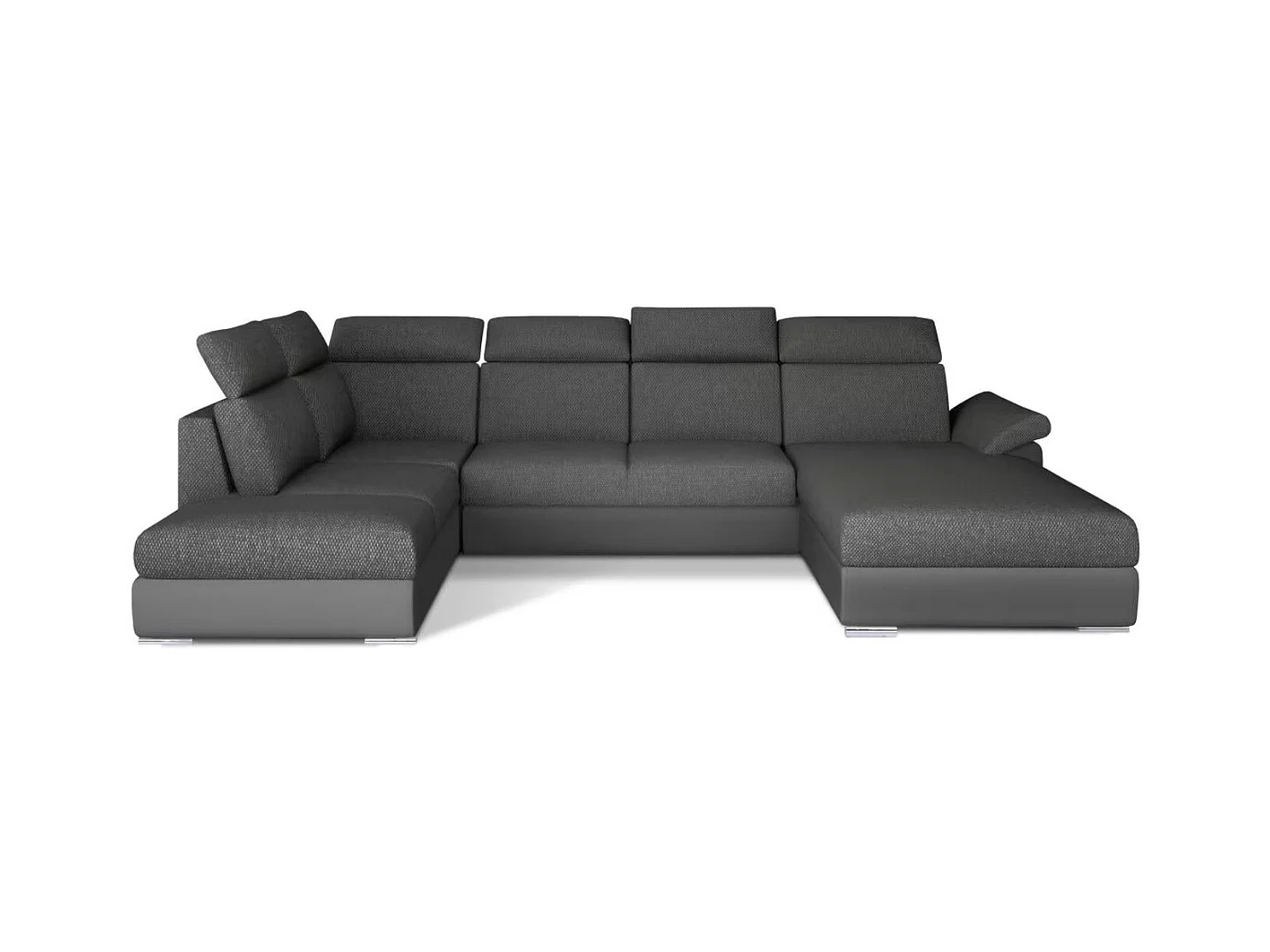 Canapé Convertible Panoramique LEVANO Tissu et Simili Cuir, Têtières-Gris/Gris chiné-Coffre à droite
