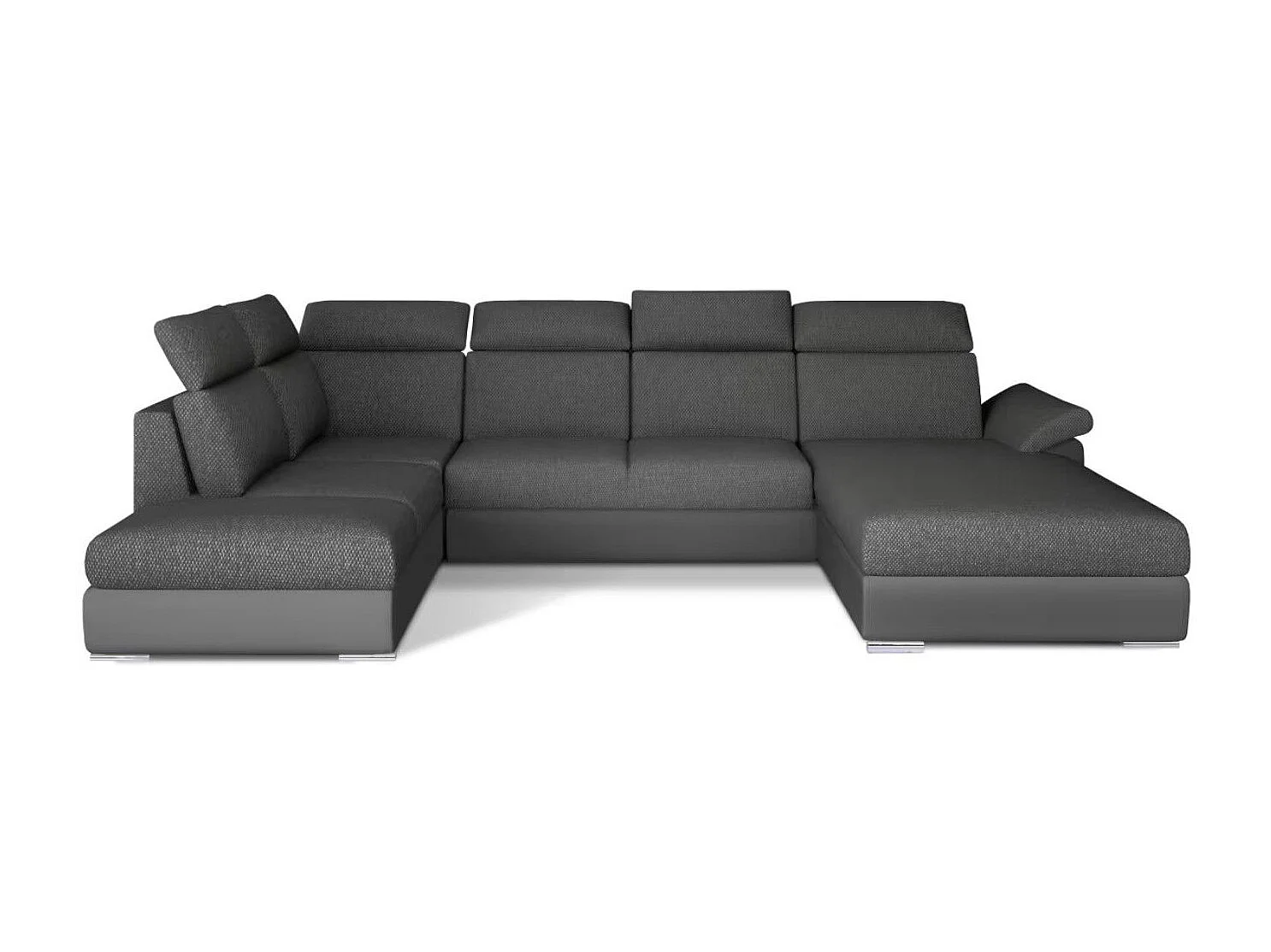 Canapé Convertible Panoramique LEVANO Tissu et Simili Cuir, Têtières-Gris/Gris chiné-Coffre à droite