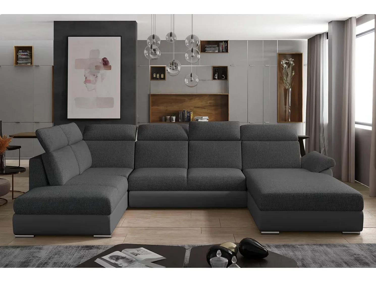 Canapé Convertible Panoramique LEVANO Tissu et Simili Cuir, Têtières-Gris/Gris chiné-Coffre à droite