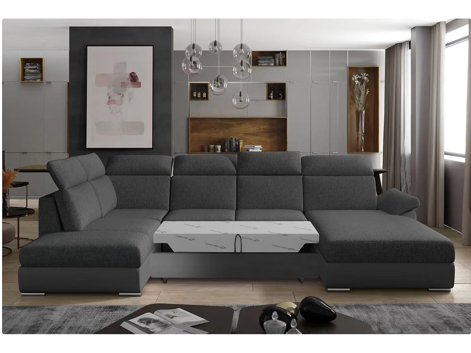 Canapé Convertible Panoramique LEVANO Tissu et Simili Cuir, Têtières-Gris/Gris chiné-Coffre à droite