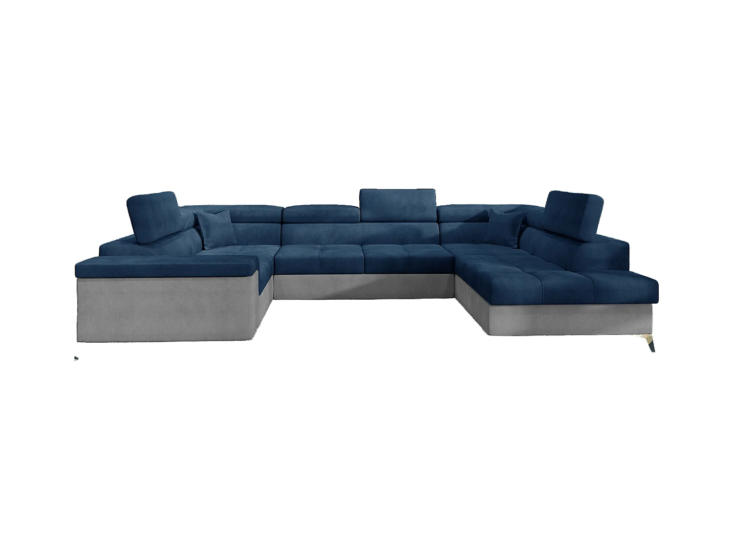 Canapé panoramique convertible TRIANO velours - têtières réglables-Gris clair/Bleu-Coffre à droite