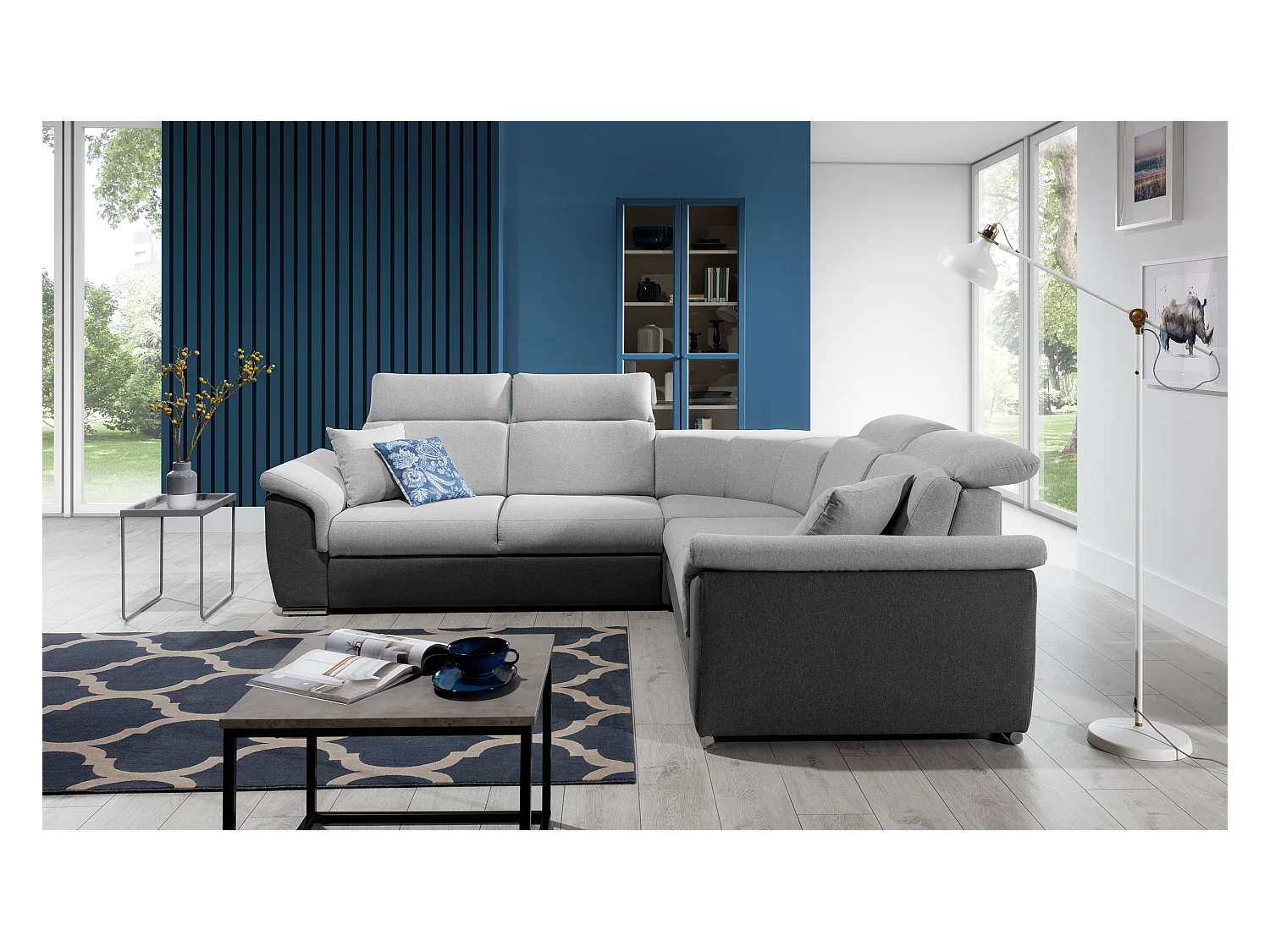 Canapé d'angle réversible et convertible bi-matières Neo - Pieds acier chromé-Blanc/Noir