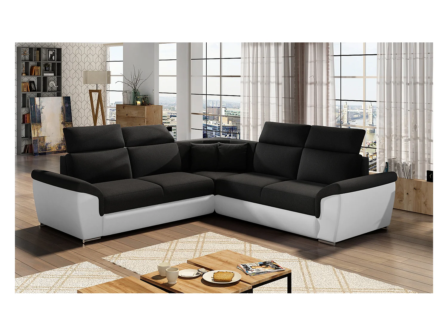 Sofá esquinero Neo reversible y convertible en dos materiales - Patas de acero cromado-Color Blanco - Negro