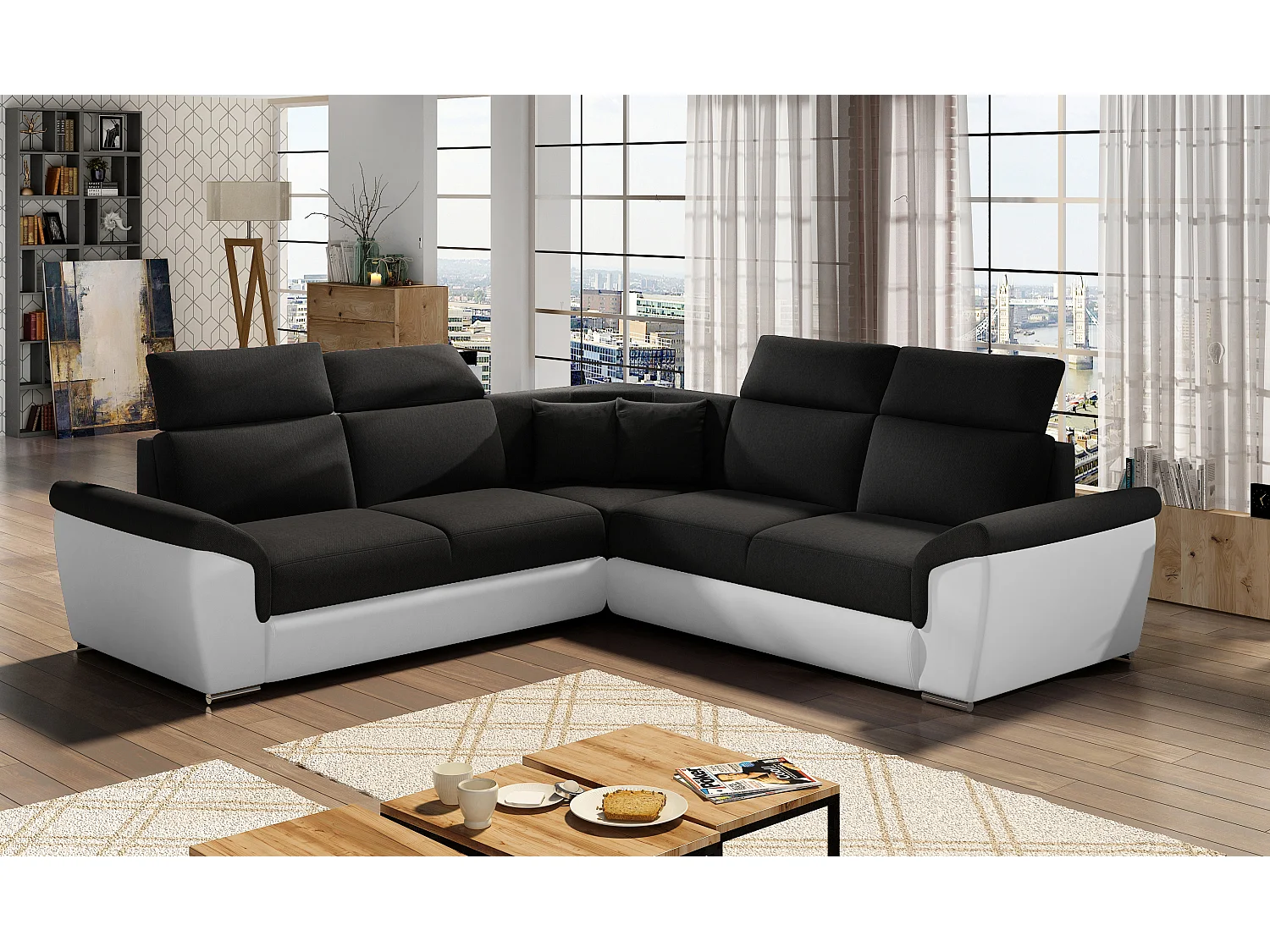 Sofá esquinero Neo reversible y convertible en dos materiales - Patas de acero cromado-Color Blanco - Negro