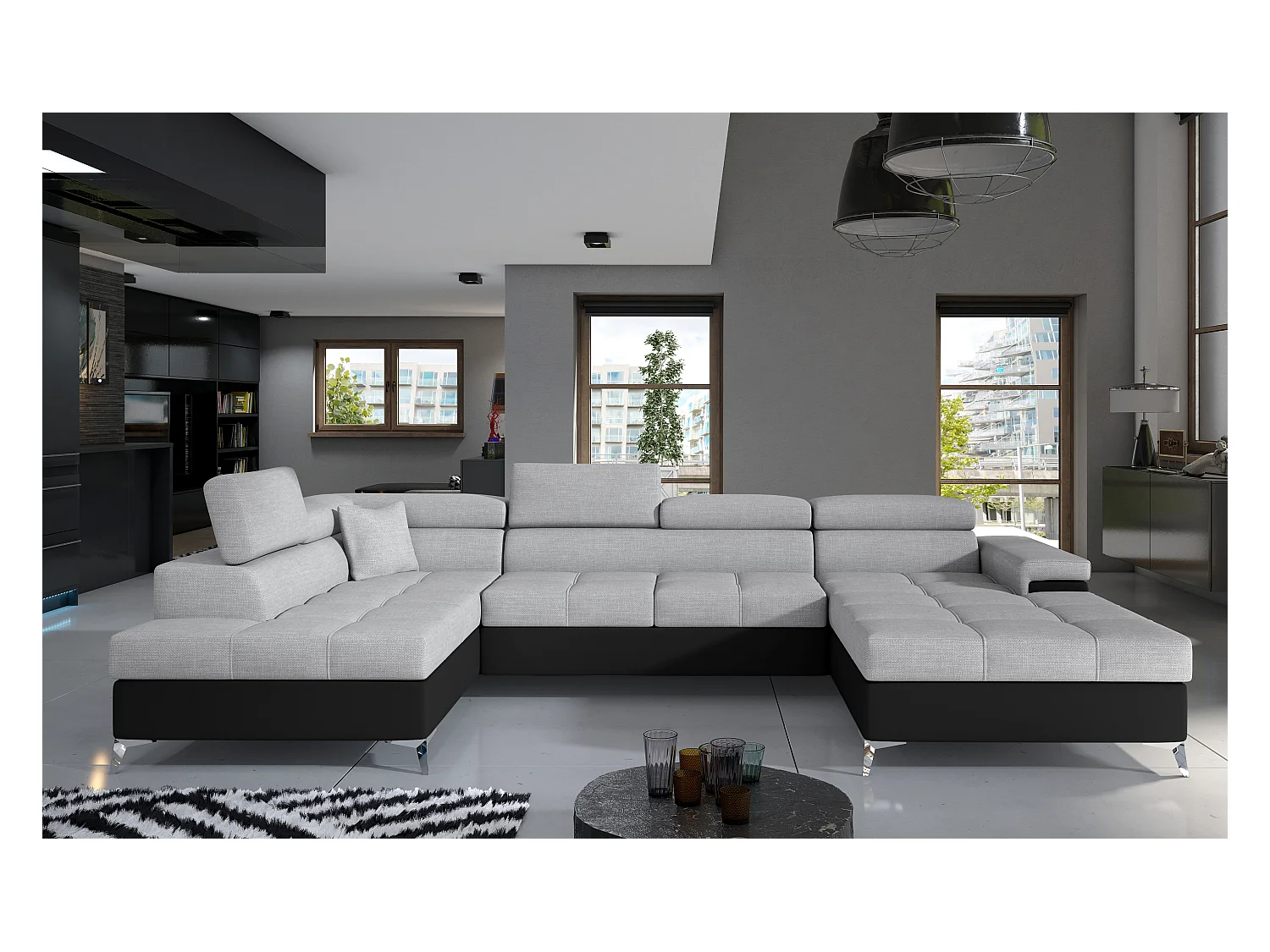 Canapé panoramique convertible KUTTY - Rangement et appuie-têtes réglables-Noir/Gris clair-Coffre à gauche