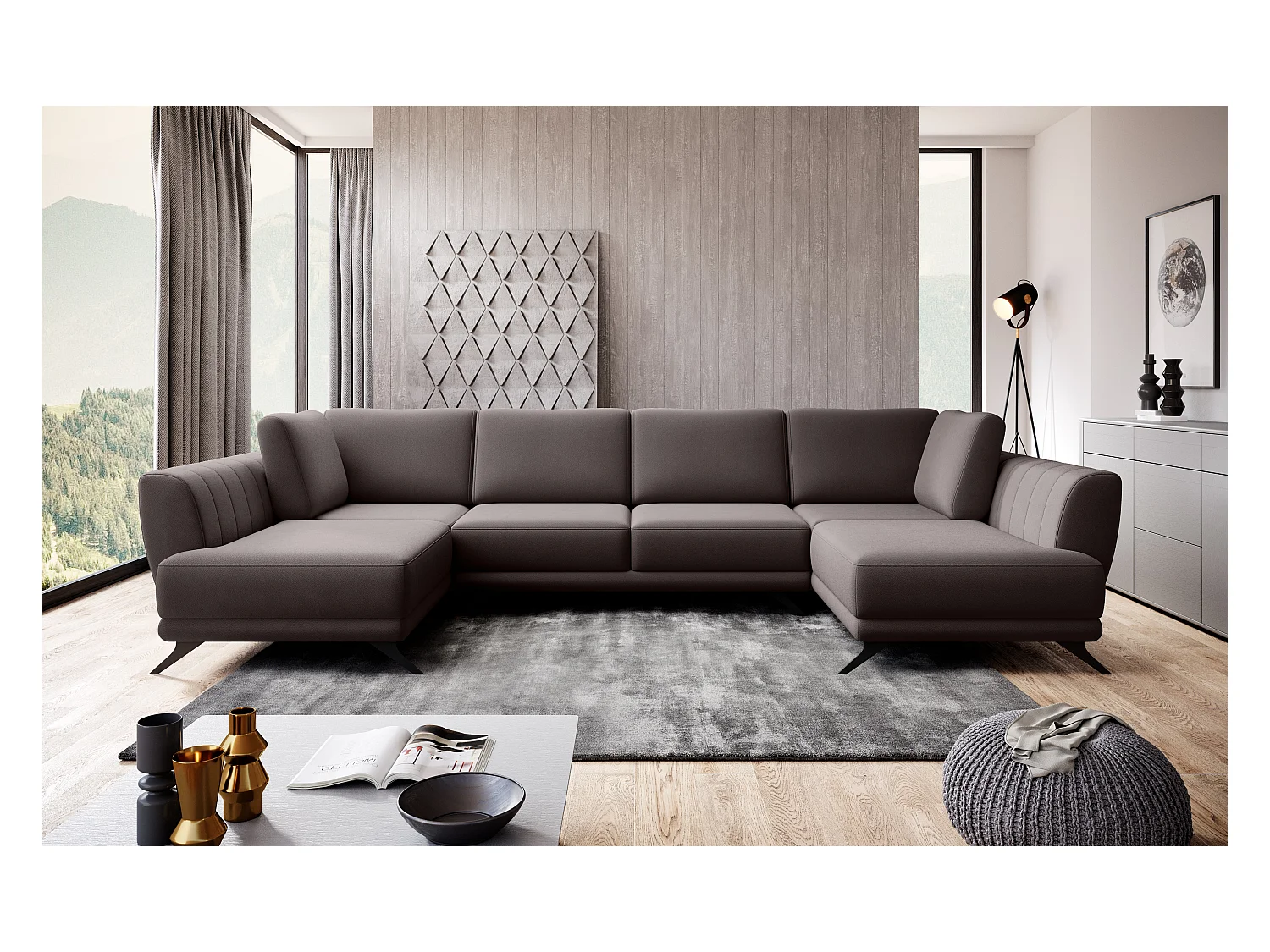 Canapé panoramique LARGOS – Tissu-Marron clair