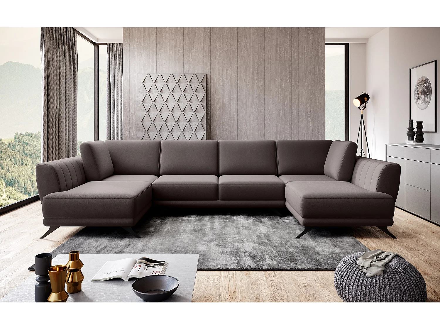 Canapé panoramique LARGOS – Tissu-Marron clair