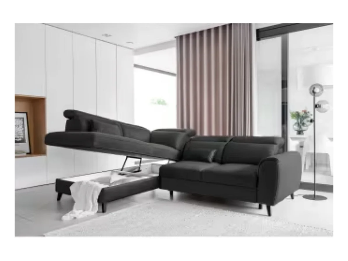 NOBLESSE omvormbare hoekbank met fluwelen opbergruimte - Zwarte houten poten-Kleur Houtskool grijs-linkerhoek