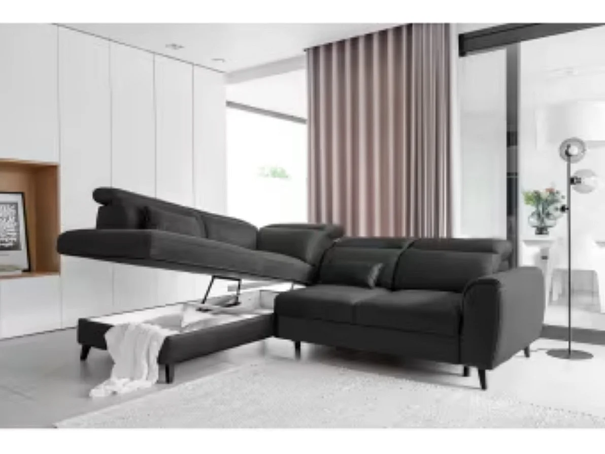 Canapé d'angle convertible avec rangement velours NOBLESSE - Pieds bois noir-Gris anthracite-angle gauche