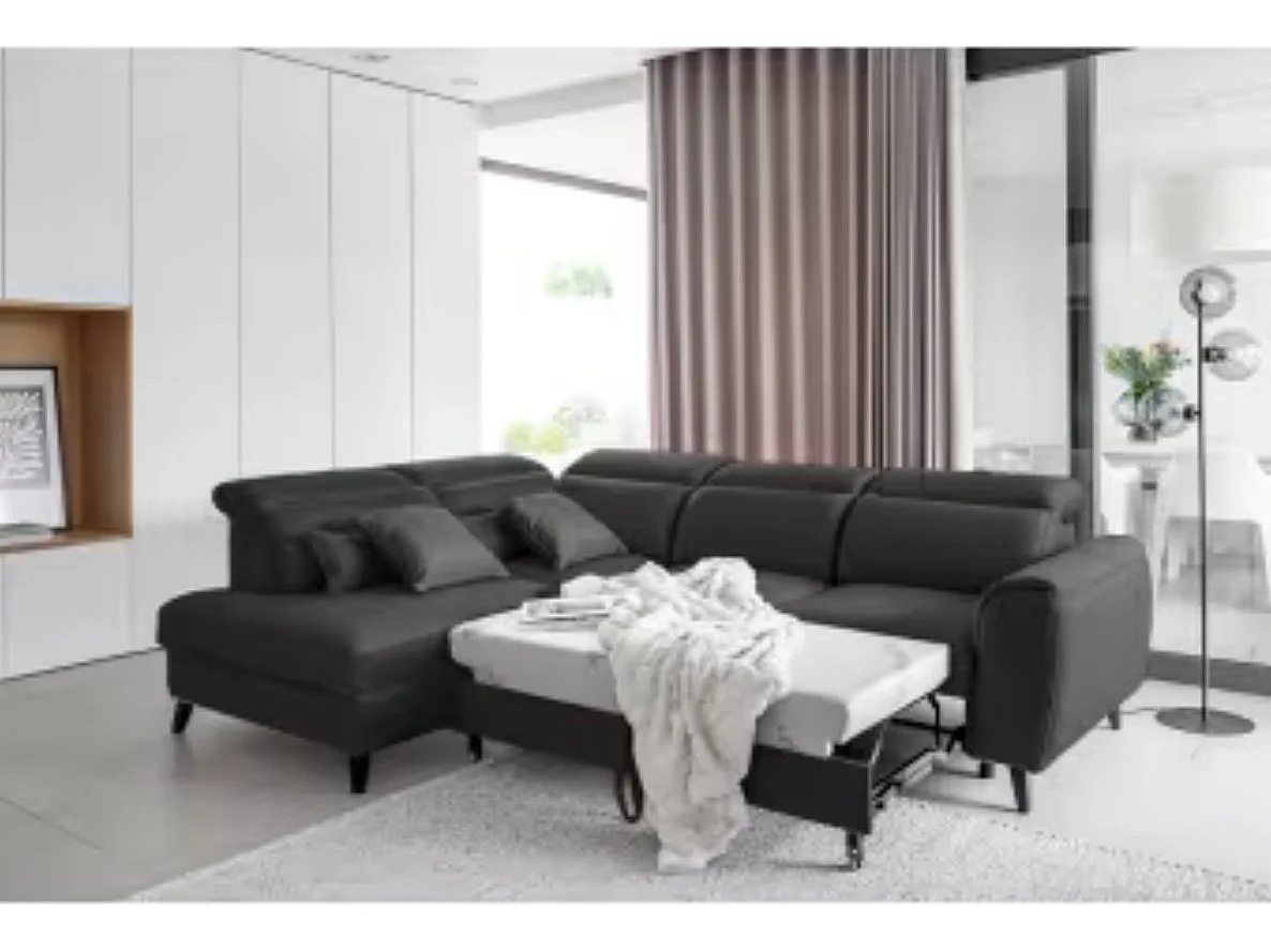 Canapé d'angle convertible avec rangement velours NOBLESSE - Pieds bois noir-Gris anthracite-angle gauche