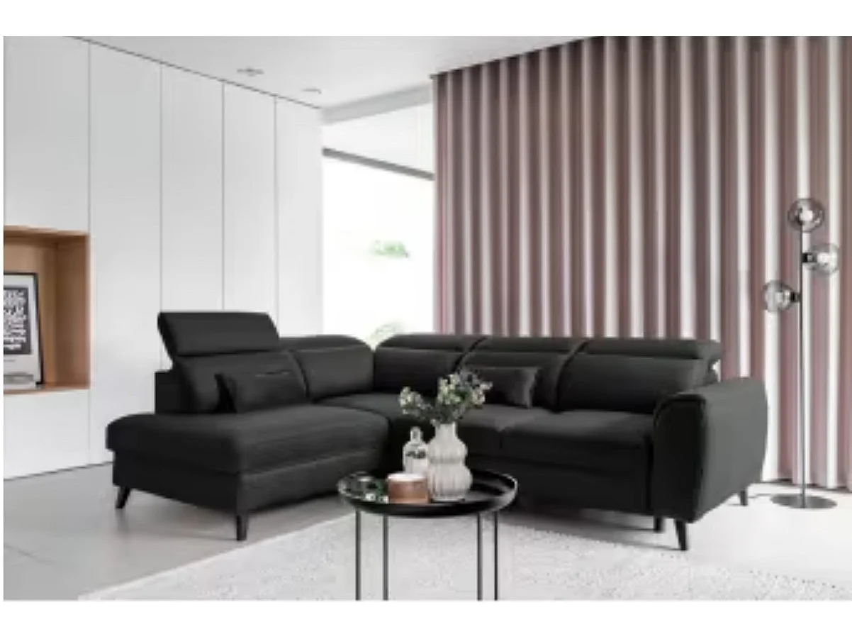 Canapé d'angle convertible avec rangement velours NOBLESSE - Pieds bois noir-Gris anthracite-angle gauche