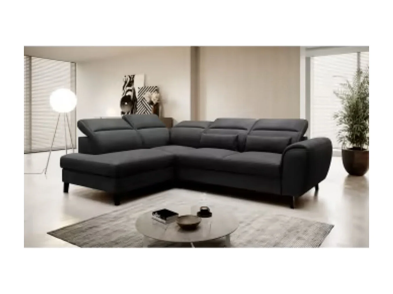 Canapé d'angle convertible avec rangement velours NOBLESSE - Pieds bois noir-Gris anthracite-angle gauche