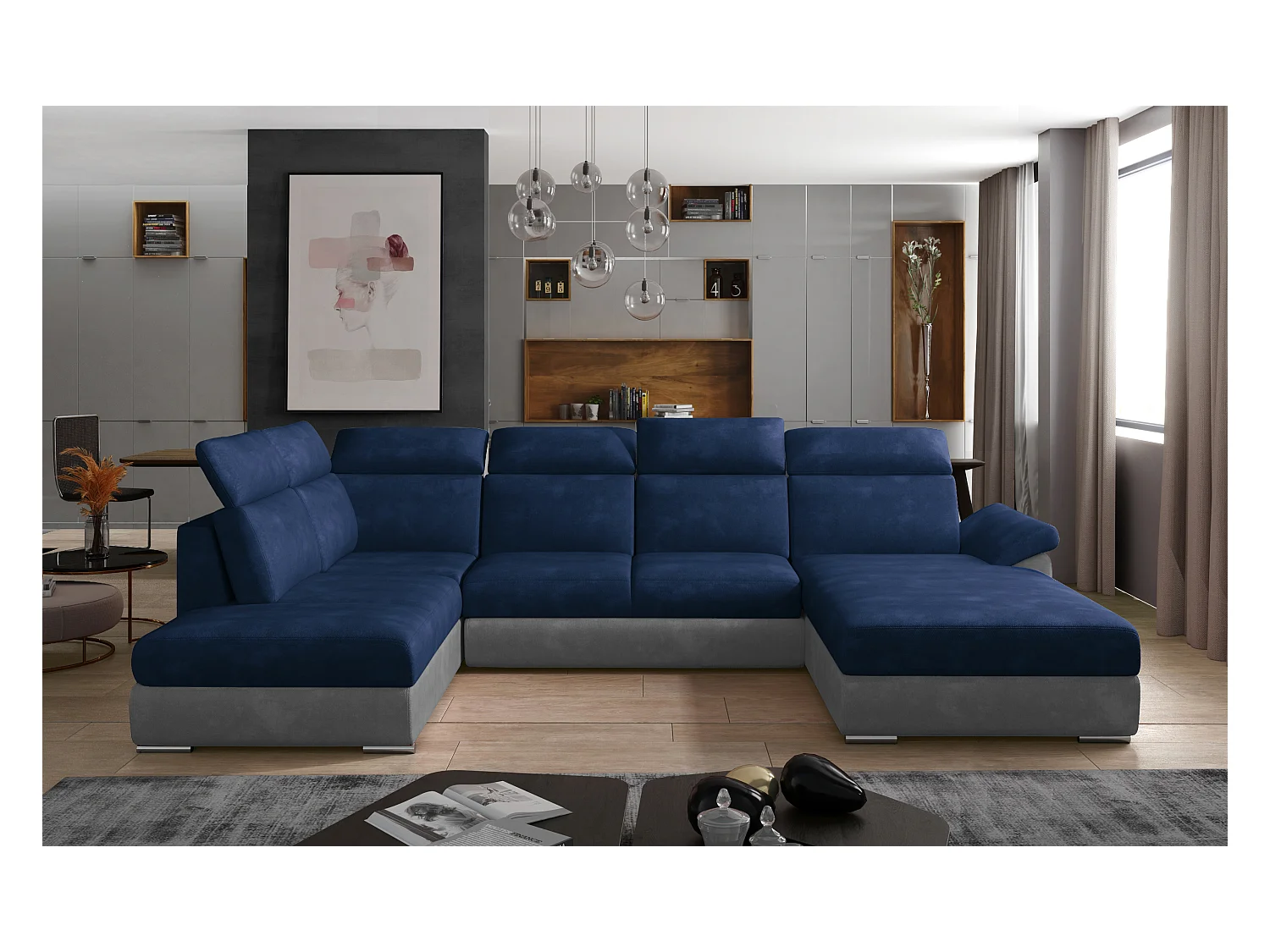 Canapé panoramique convertible LEVANO velours - Rangement et appuie-têtes réglables-Gris clair/Bleu-Coffre à droite