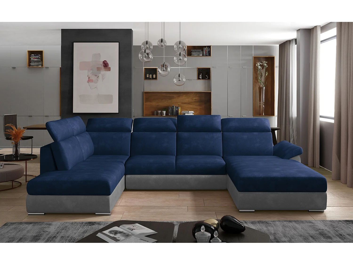 Canapé panoramique convertible LEVANO velours - Rangement et appuie-têtes réglables-Gris clair/Bleu-Coffre à droite