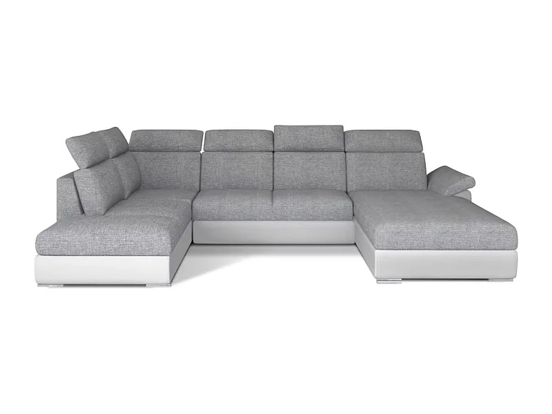 Canapé Convertible Panoramique LEVANO Tissu et Simili Cuir, Têtières-Blanc/Gris clair-Coffre à droite