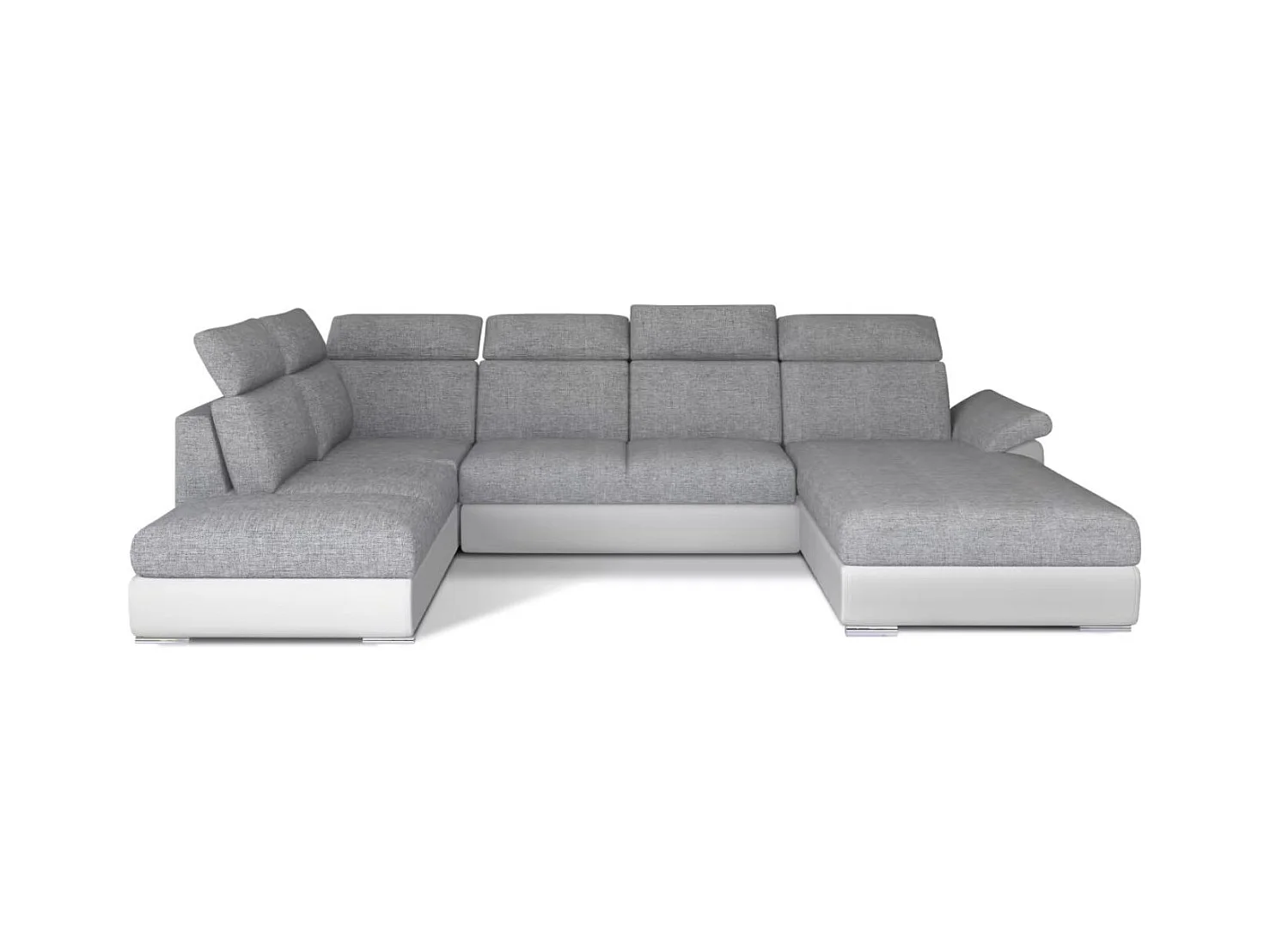 Canapé Convertible Panoramique LEVANO Tissu et Simili Cuir, Têtières-Blanc/Gris clair-Coffre à droite